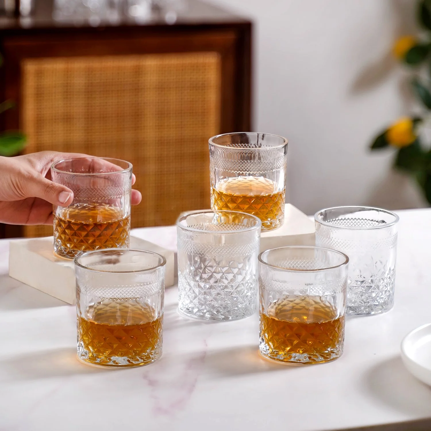 Premium Diamond Embossed Whiskey Tumbler Glass Set Of 6 230ml - Image 4