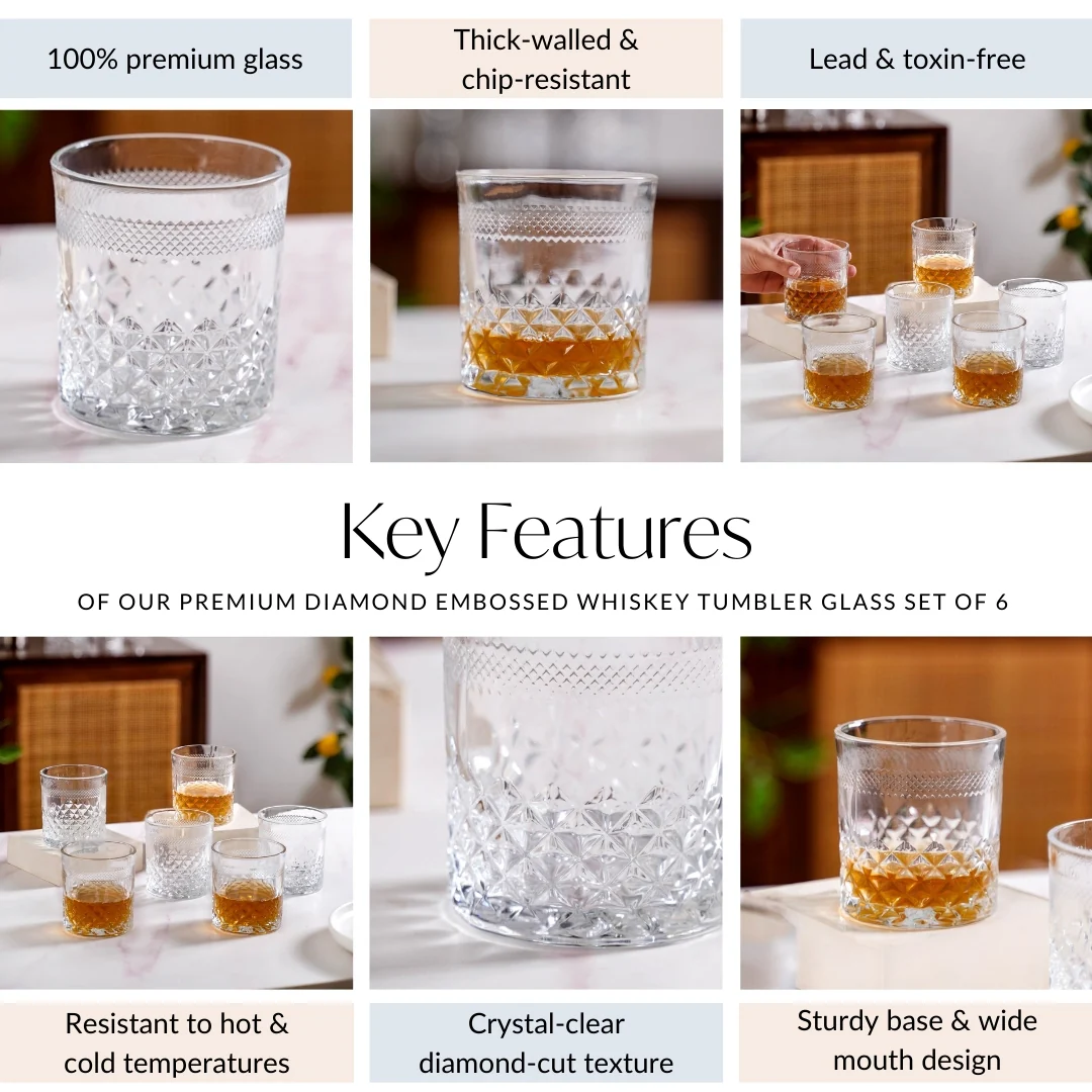 Premium Diamond Embossed Whiskey Tumbler Glass Set Of 6 230ml - Image 6
