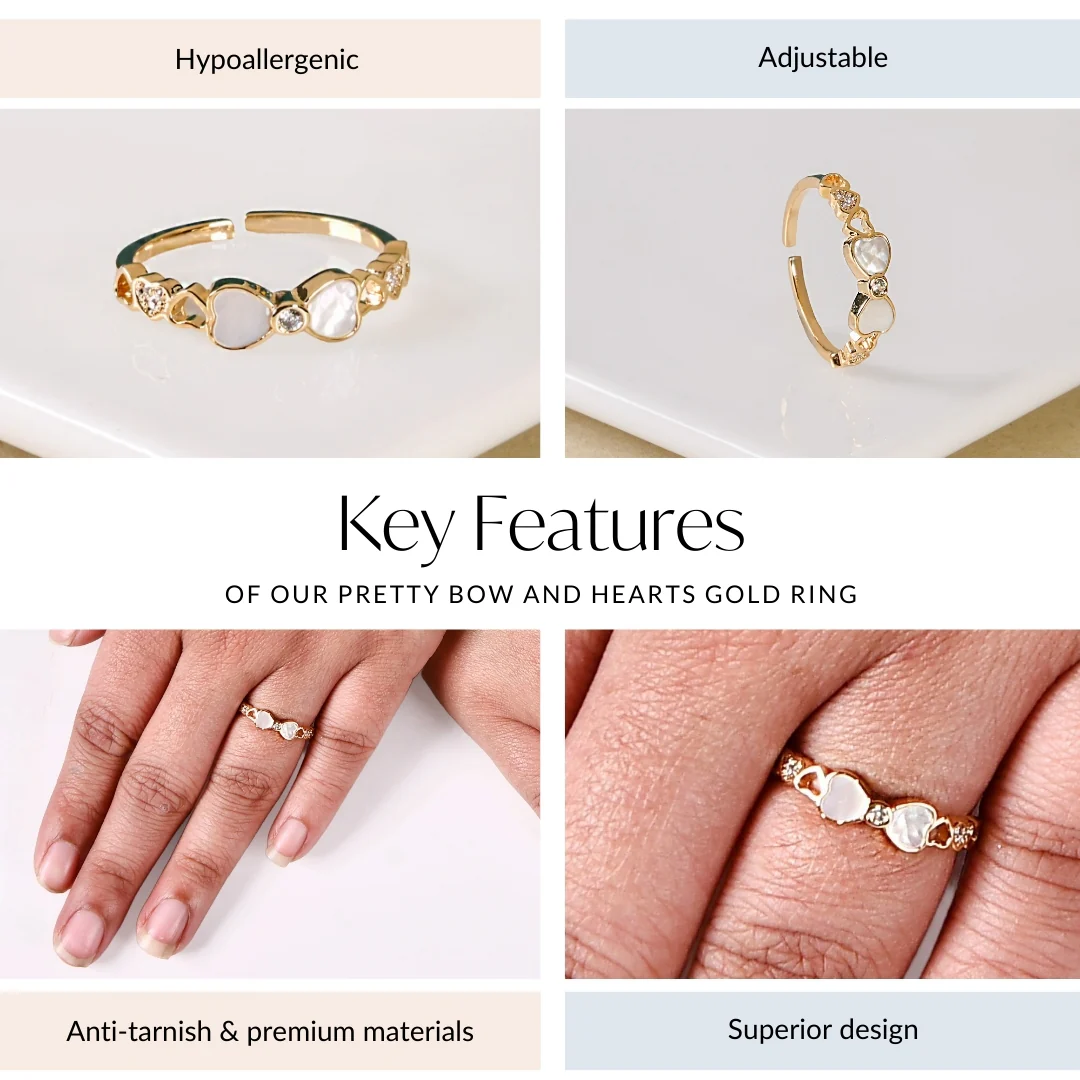 Pretty Bow And Hearts Gold Ring - Image 4
