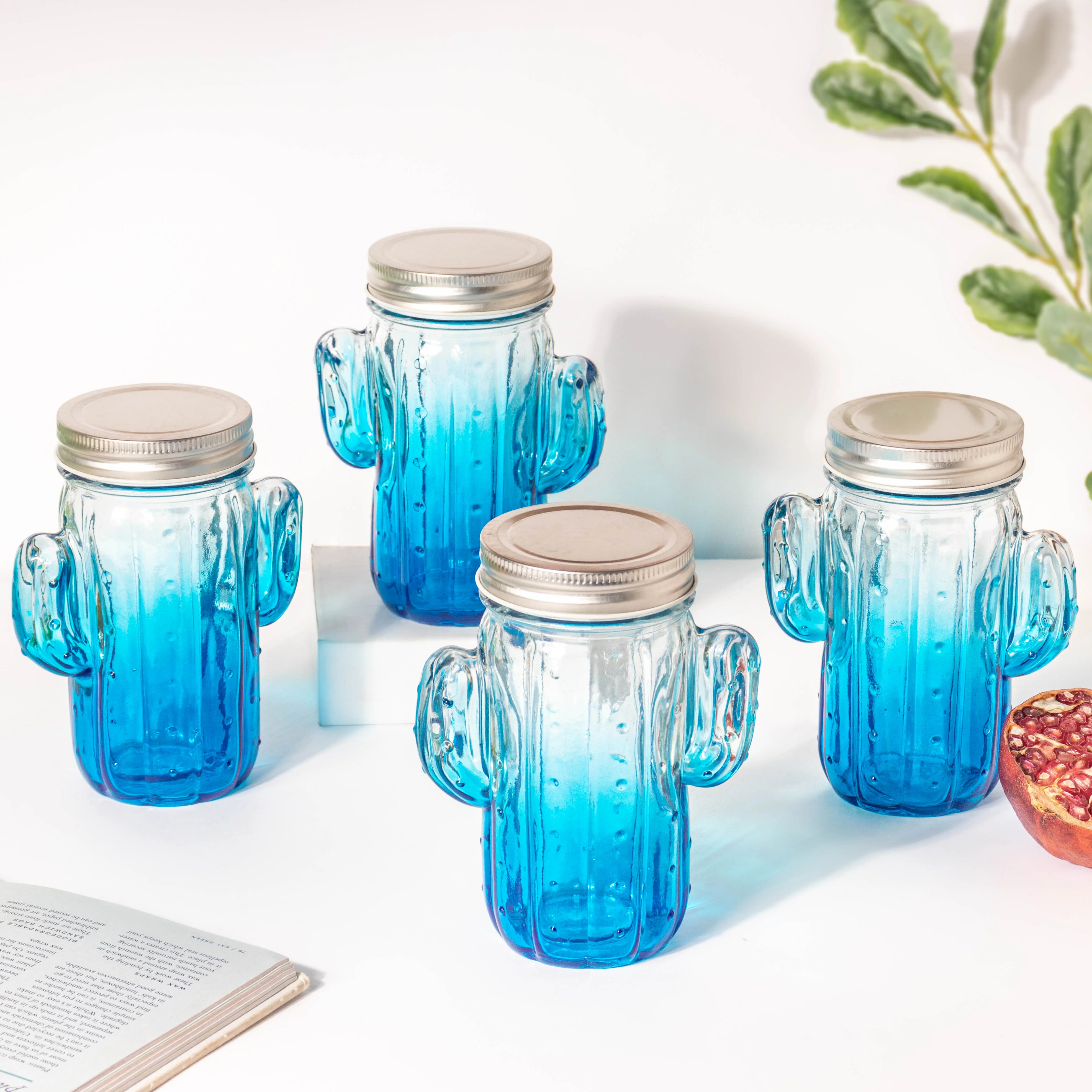 Prickly Cacti Glass Jar Blue with Lid Set of 4