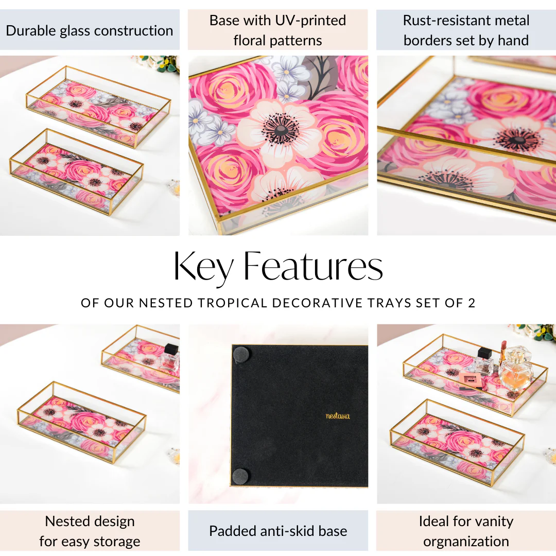 Printed Glass Decorative Trays With Gold Edge Set Of 2 - Image 5