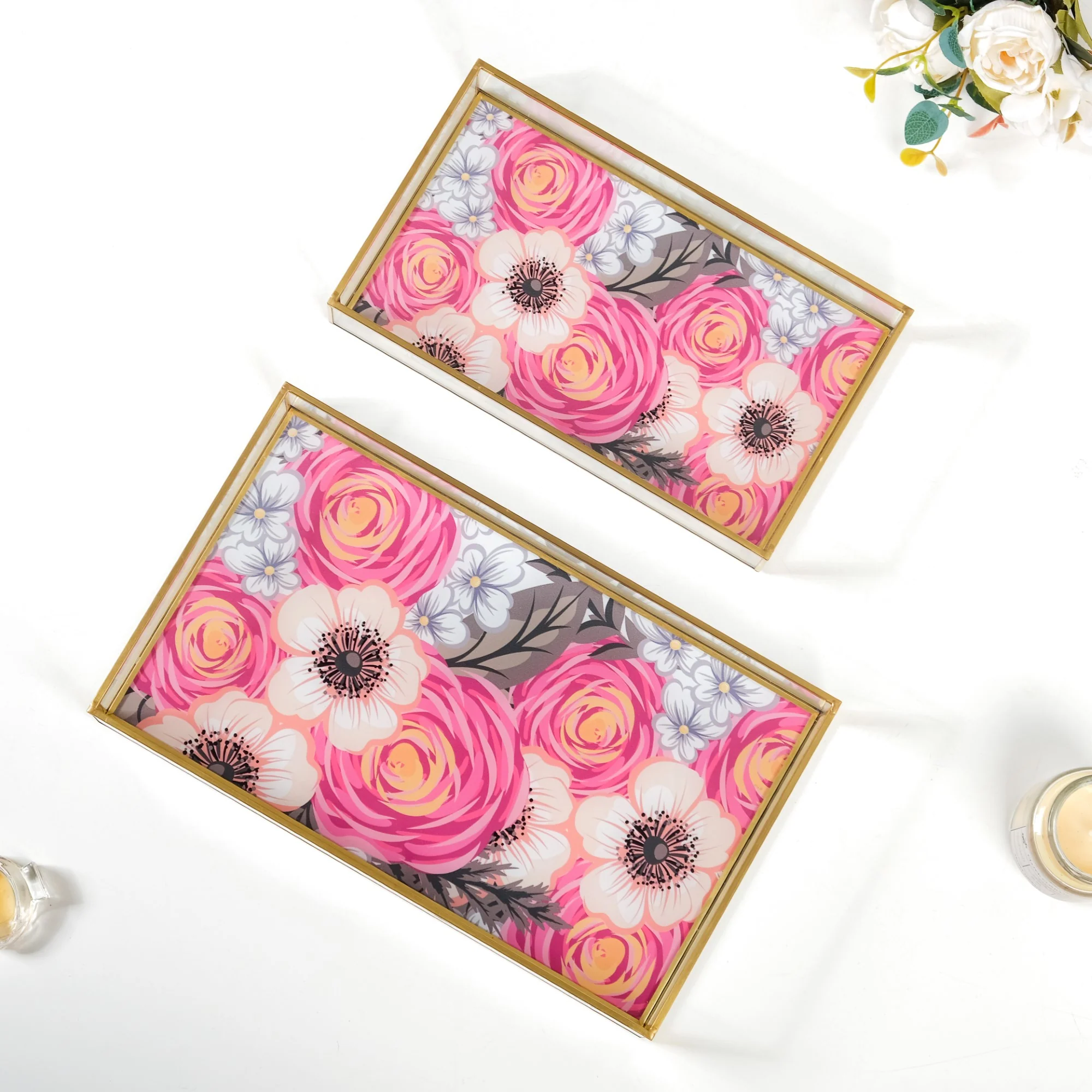 Printed Glass Decorative Trays With Gold Edge Set Of 2 - Image 6