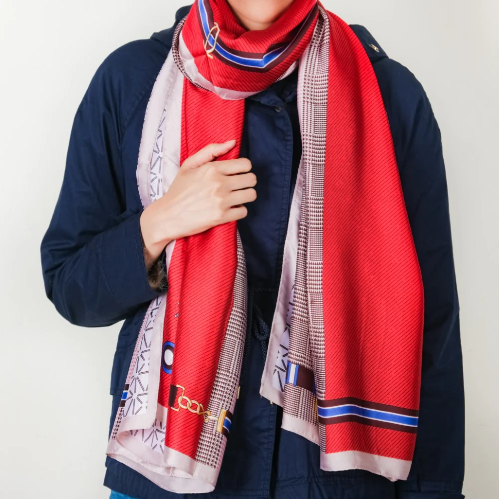 Printed Silk Red Scarf - Image 5