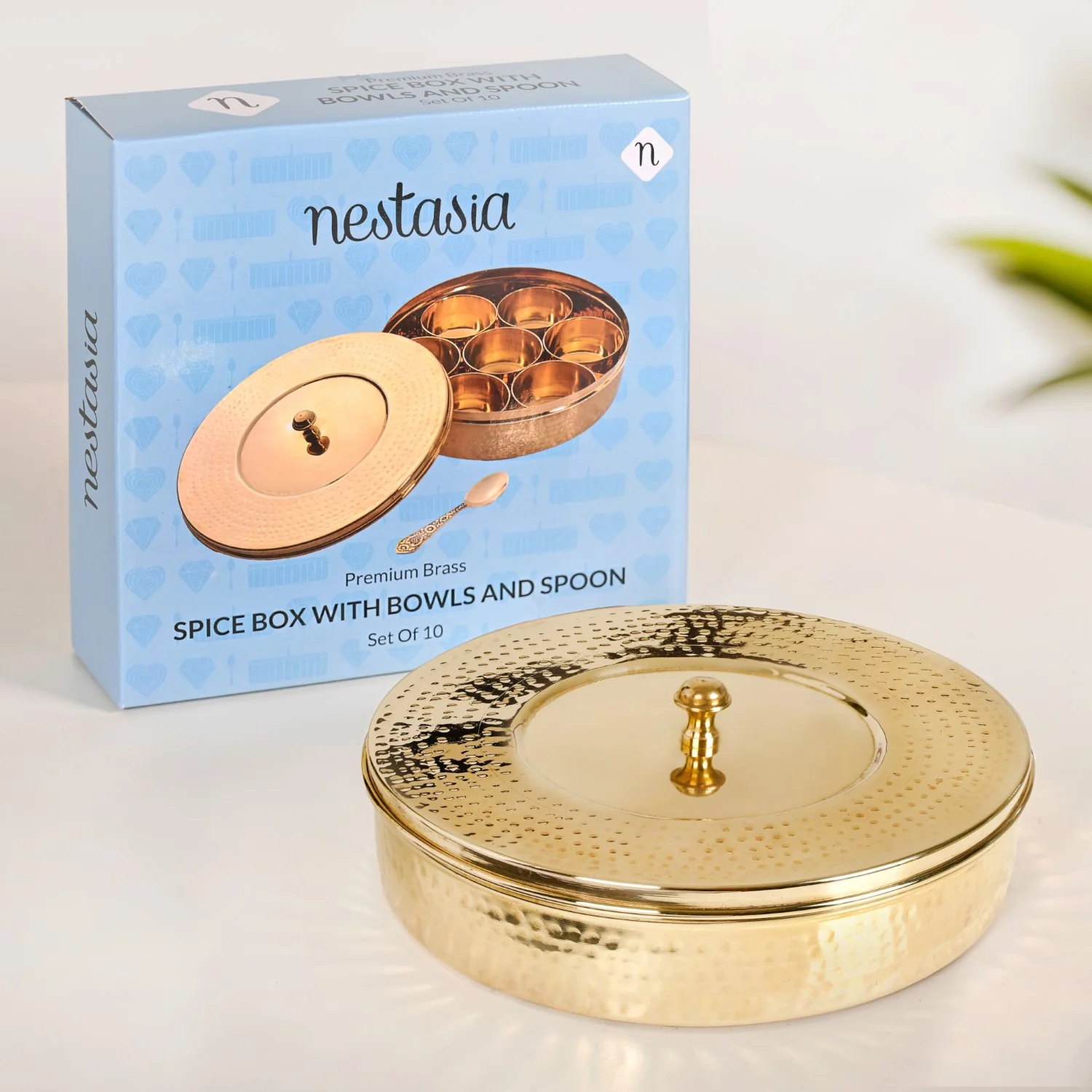 Pure Brass Hammered Masala Box Set With Spoon - Image 2