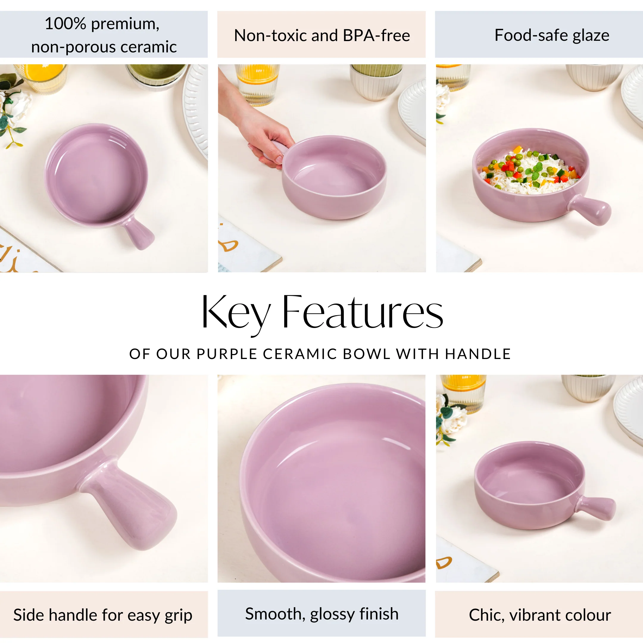 Purple Ceramic Bowl With Handle 700ml - Image 5
