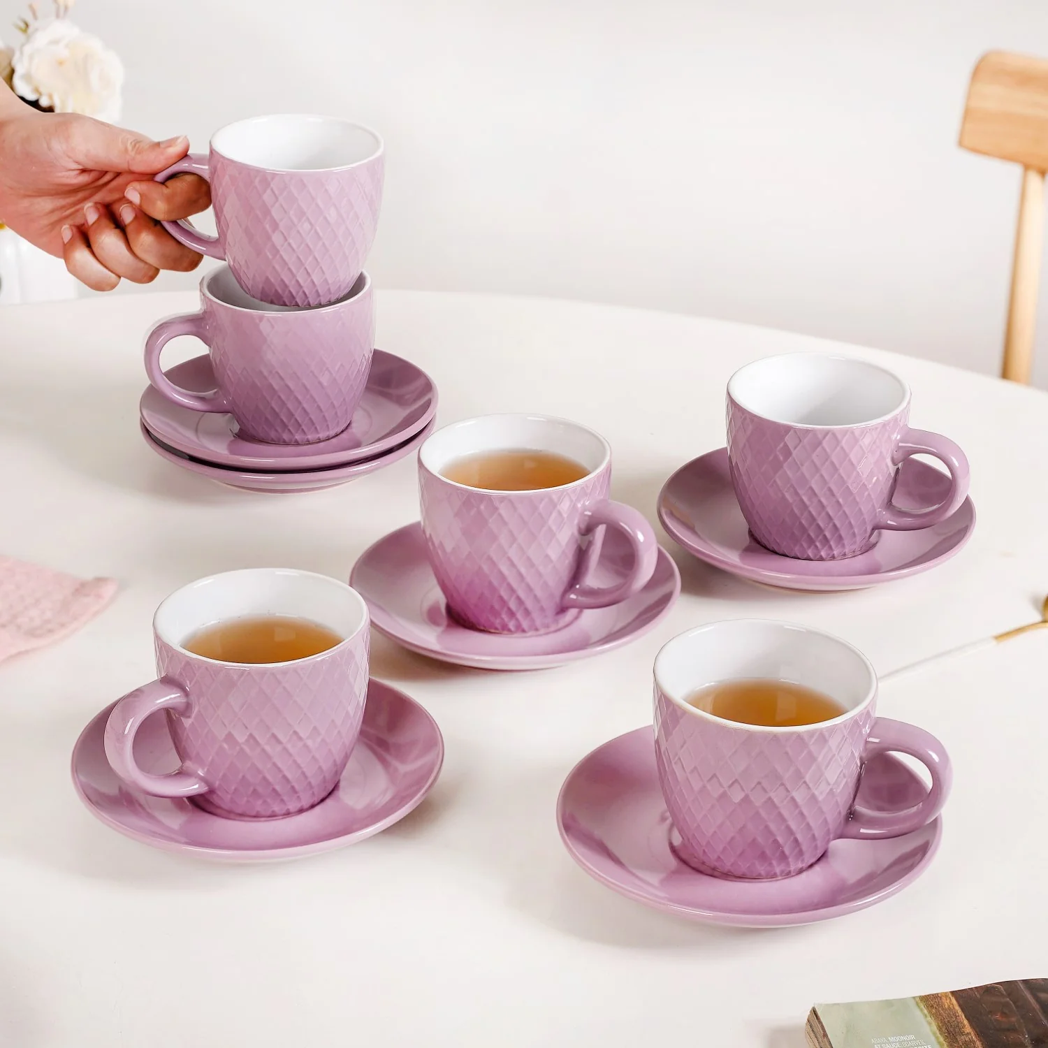 Purple Ceramic Tara Tea Cup Set Of 6 With Saucer 225ml - Image 2