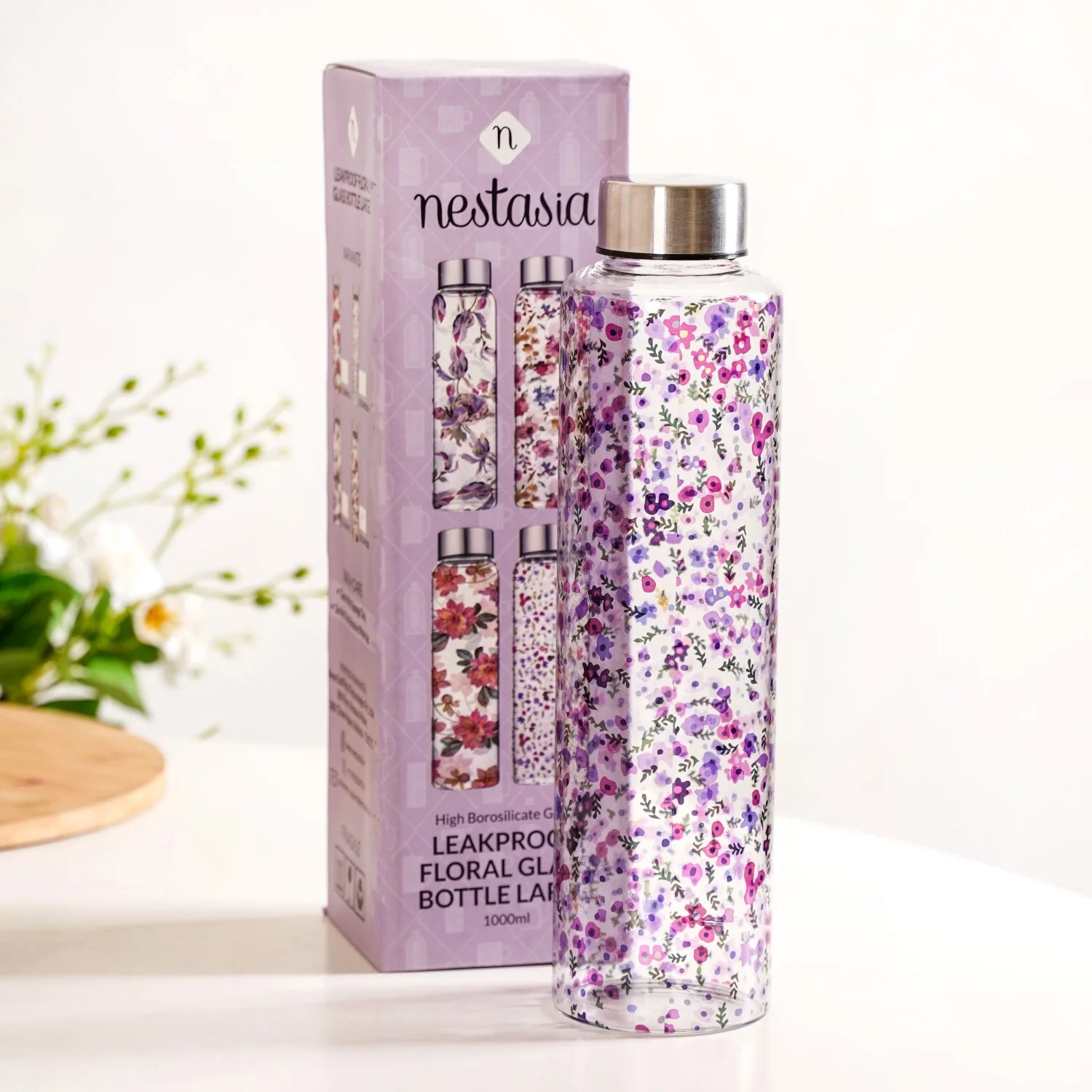 Purple Daisy Leakproof Borosilicate Glass Water Bottle With Lid 1000ml - Image 3