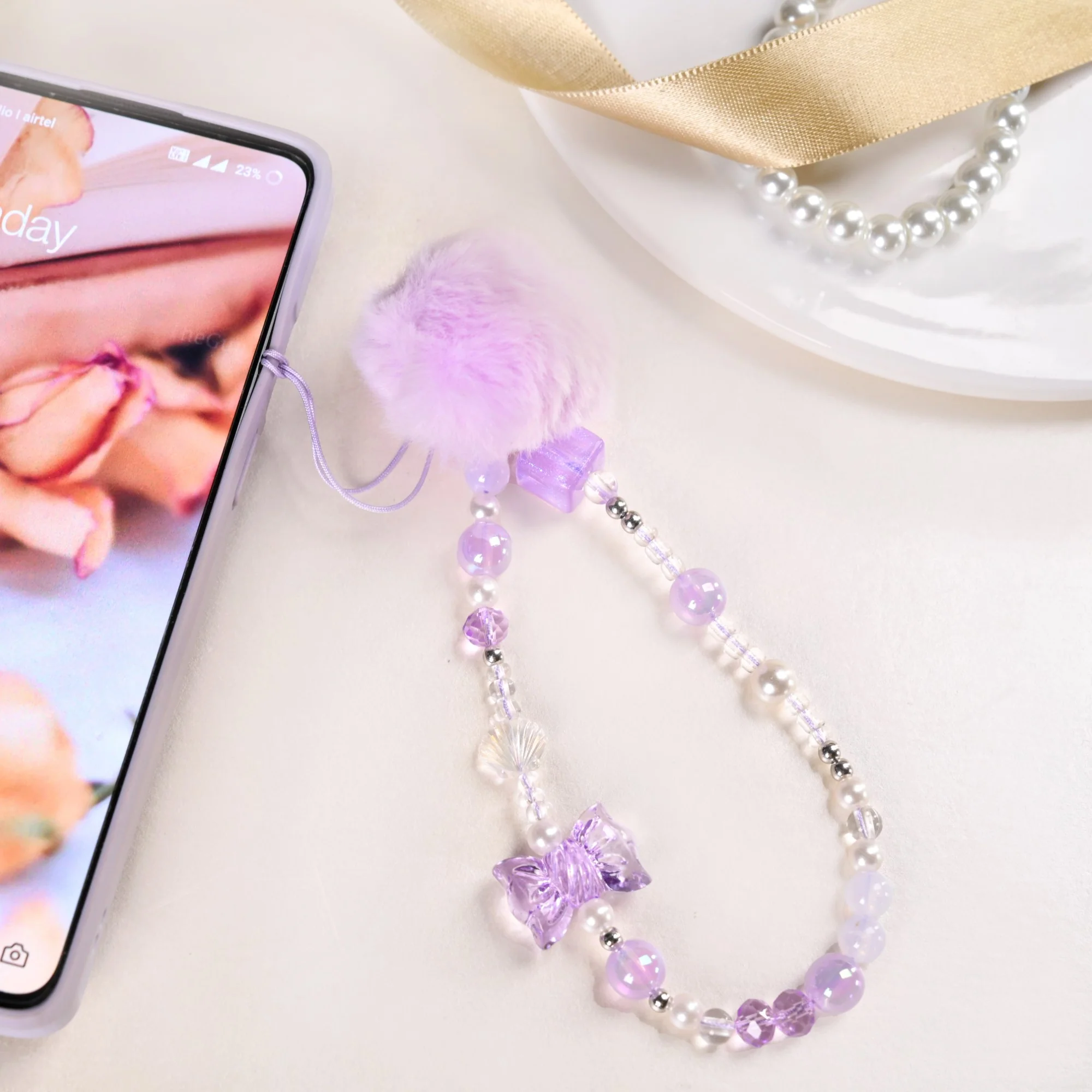 Purple Puff Pom Pom Phone Charm Strap - Image 3