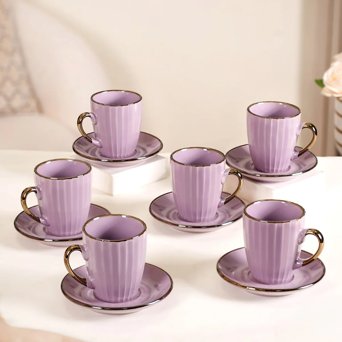 Nori Lined Tea Cup And Saucer Set Of 6 Lavender 250ml - Image 10