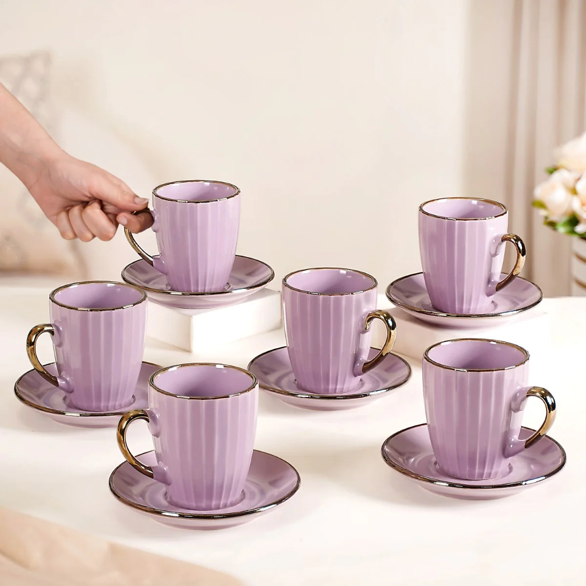 Nori Lined Tea Cup And Saucer Set Of 6 Lavender 250ml - Image 3