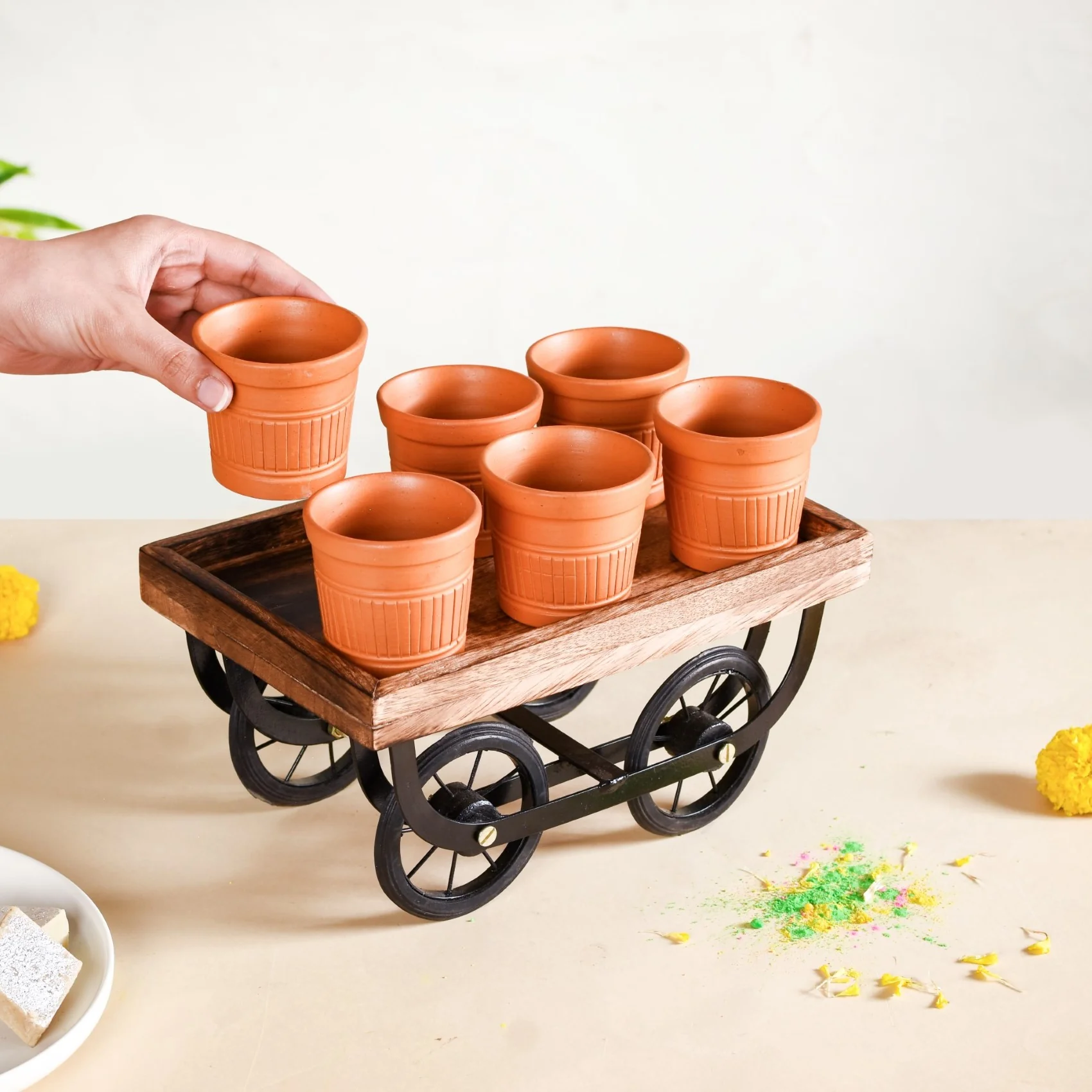 Push Cart Platter With Set of 6 Terracotta Kulhad Tumblers - Image 2