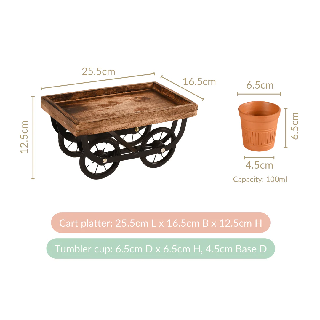 Push Cart Platter With Set of 6 Terracotta Kulhad Tumblers - Image 4