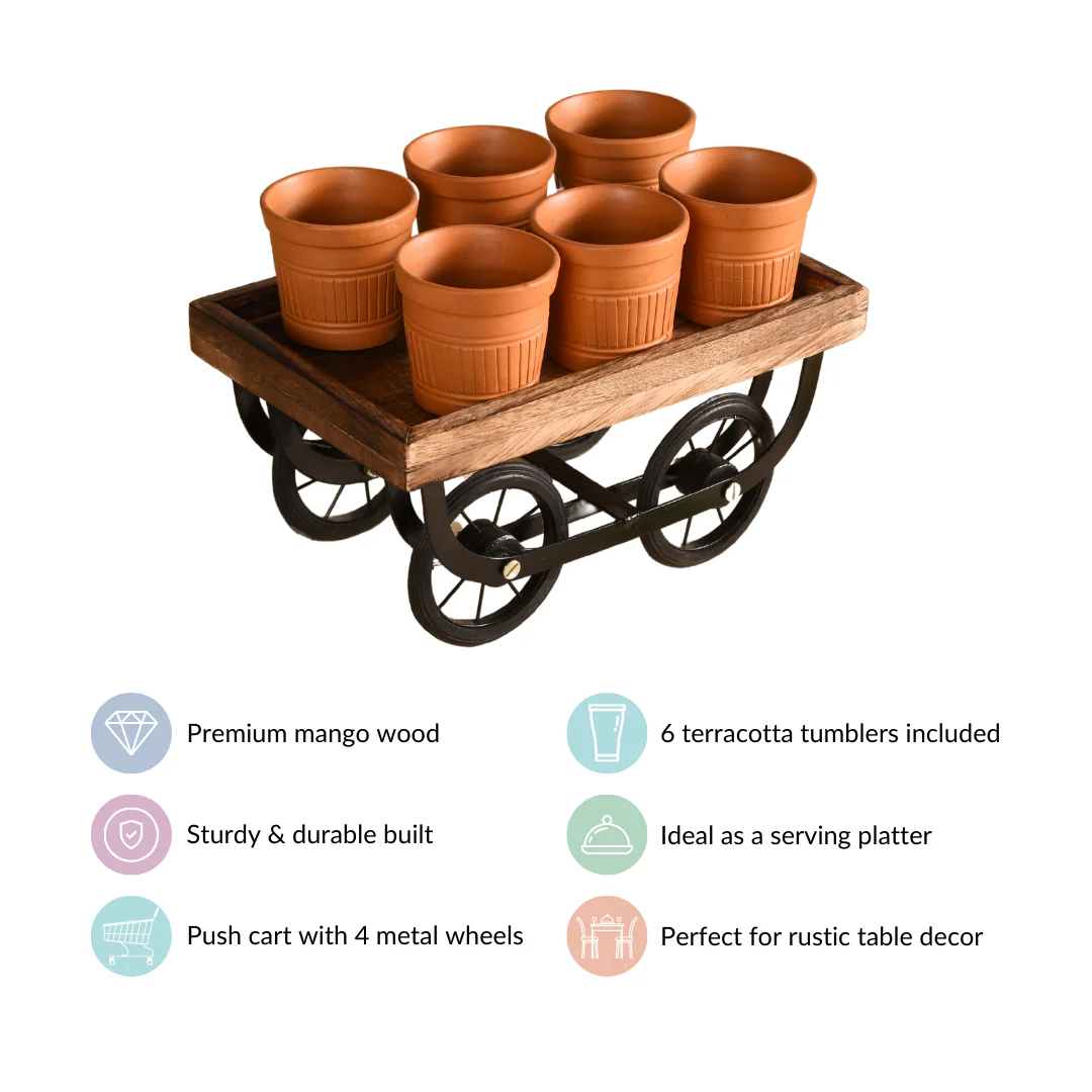 Push Cart Platter With Set of 6 Terracotta Kulhad Tumblers - Image 6