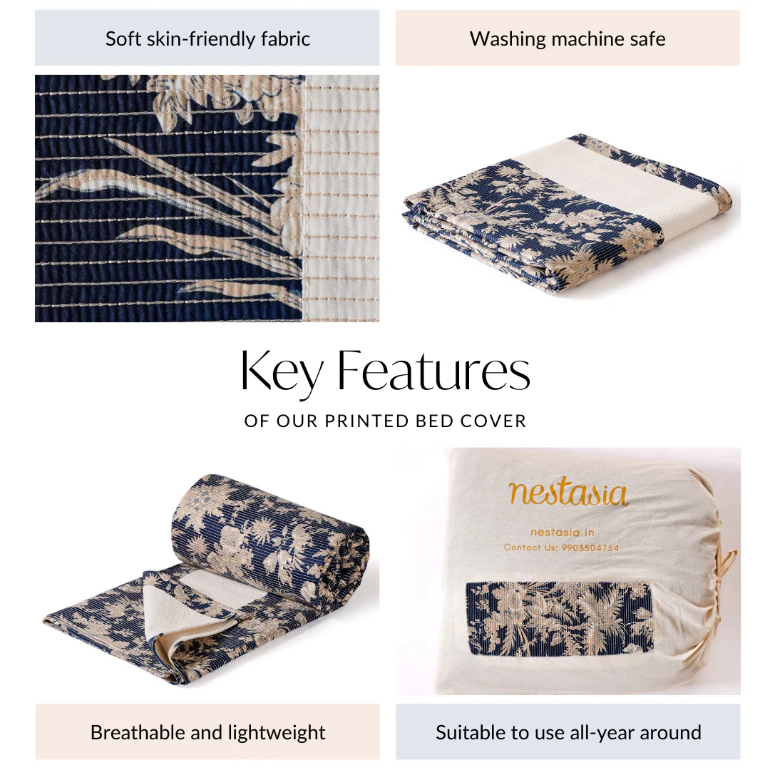 Quilted Cotton Printed King Size Bed Cover Navy 102x93 Inch - Image 7