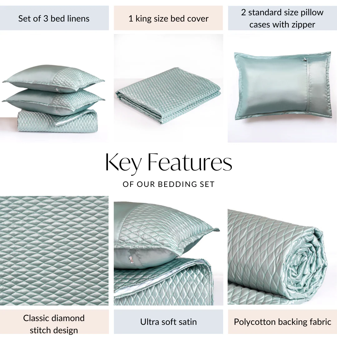 Quilted King Size Bed Cover And Pillow Case Set Of 3 Powder Blue - Image 5