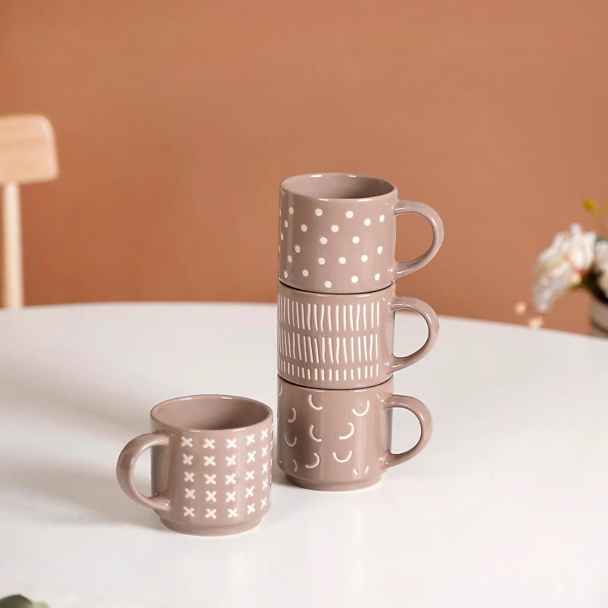 Quirky Beige Stackable Cups Set Of 4 220ml - Image 3