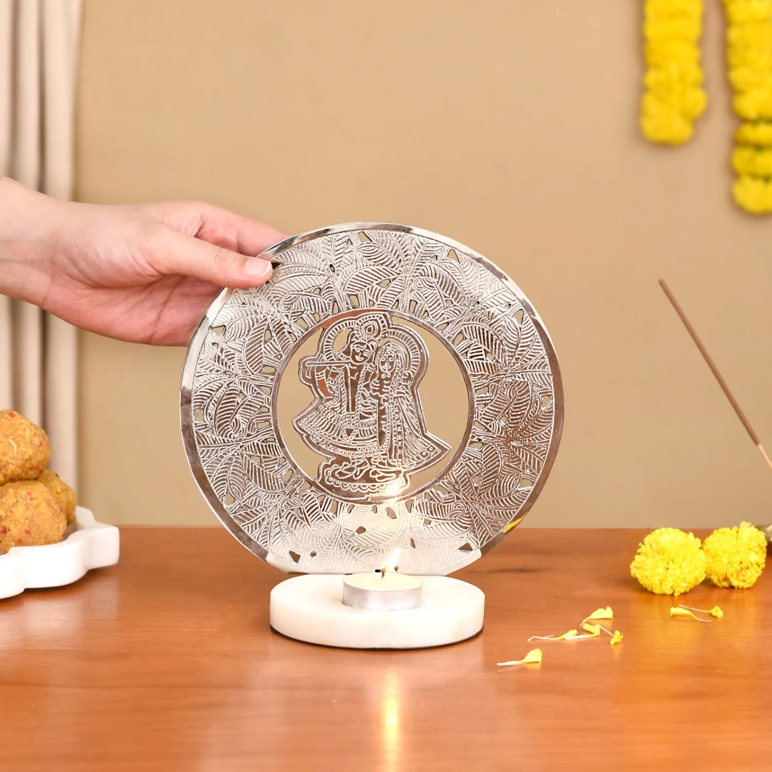 Radha Krishna Pure Brass Tealight Candle Holder - Image 3