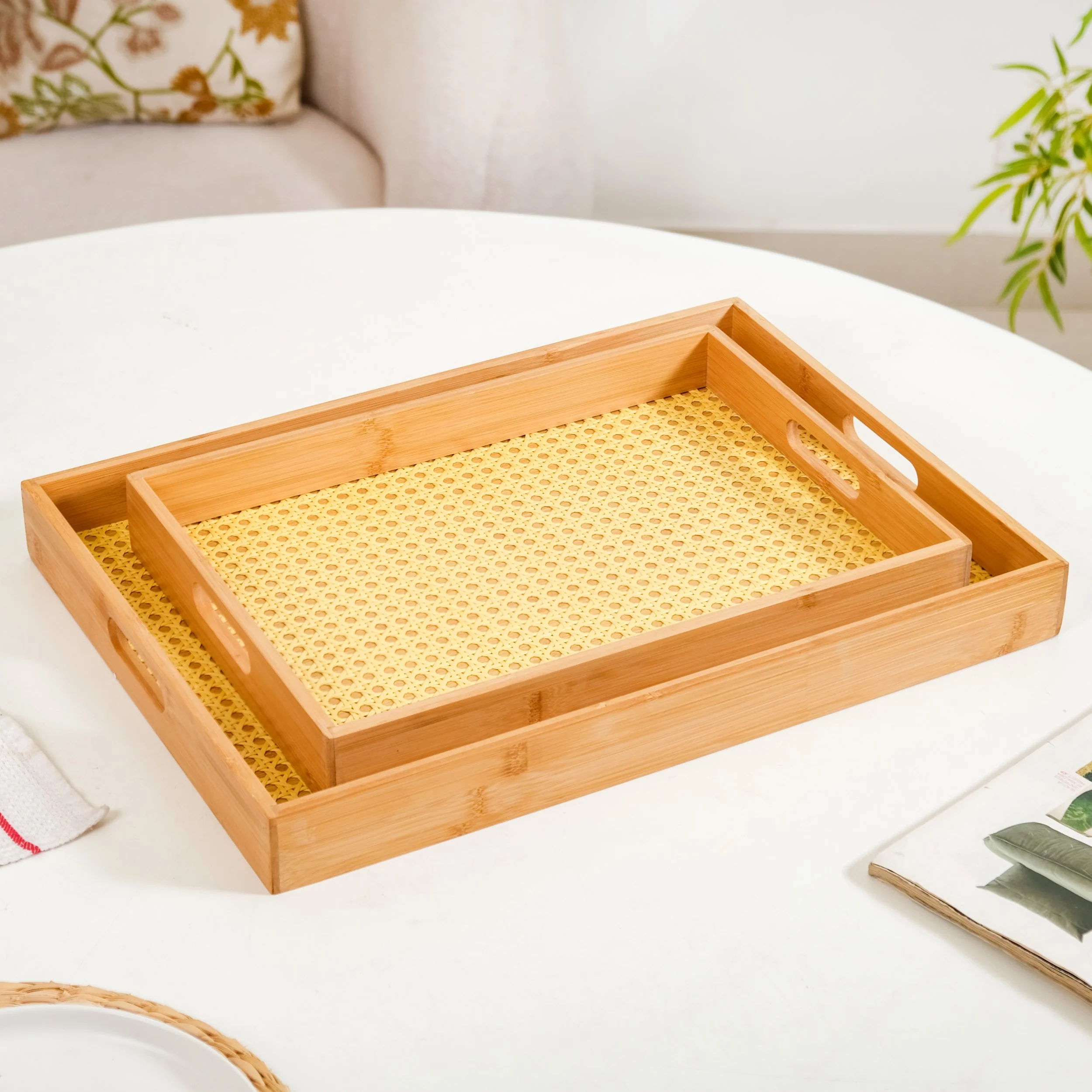 Rattan Weave Bamboo Serving Tray Set Of 2 - Image 7