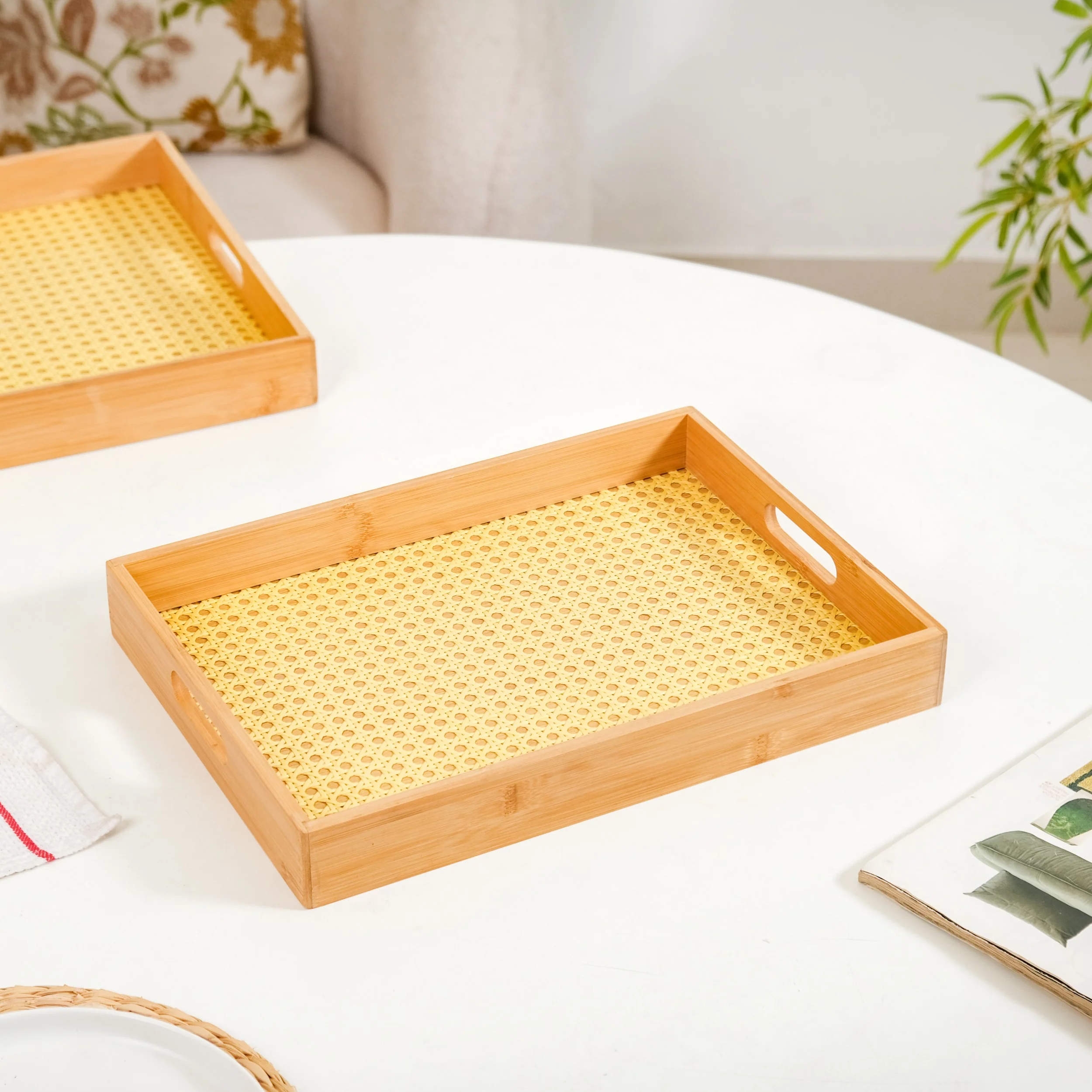 Rattan Weave Bamboo Serving Tray Set Of 2 - Image 9