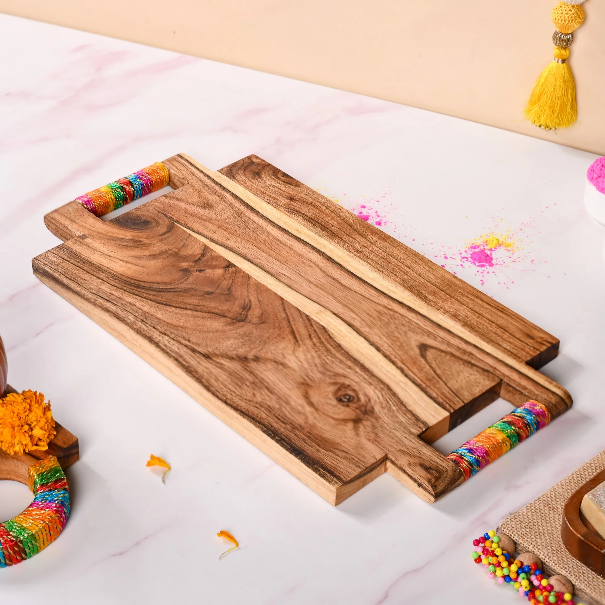 Rectangle Acacia Wood Serving Platter With Gold Zari Work - Image 6