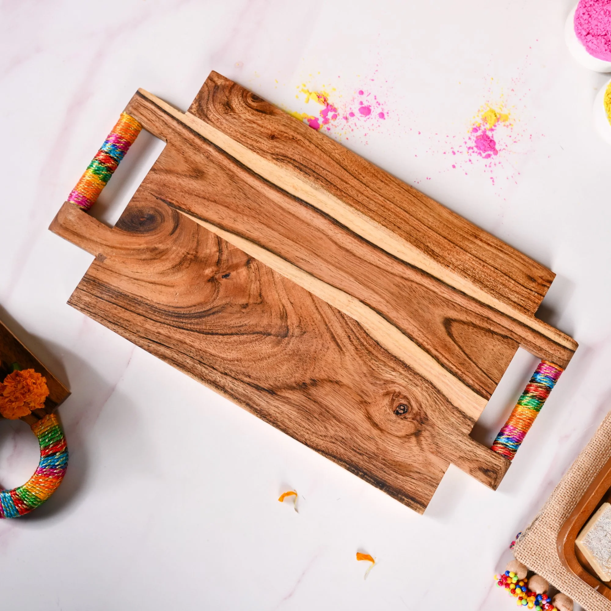 Rectangle Acacia Wood Serving Platter With Gold Zari Work - Image 7