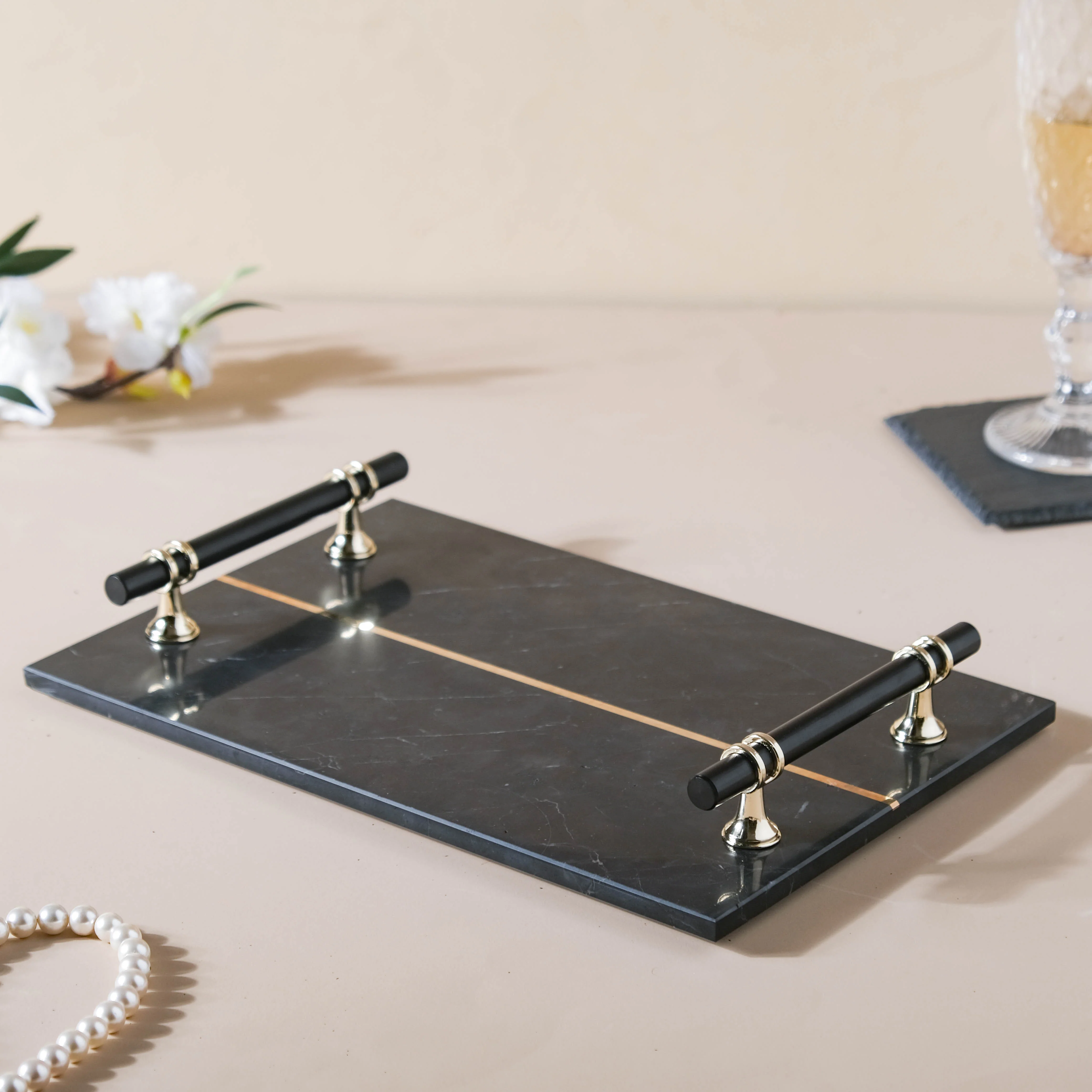 Rectangle Marble Tray With Metal Handle - Image 6
