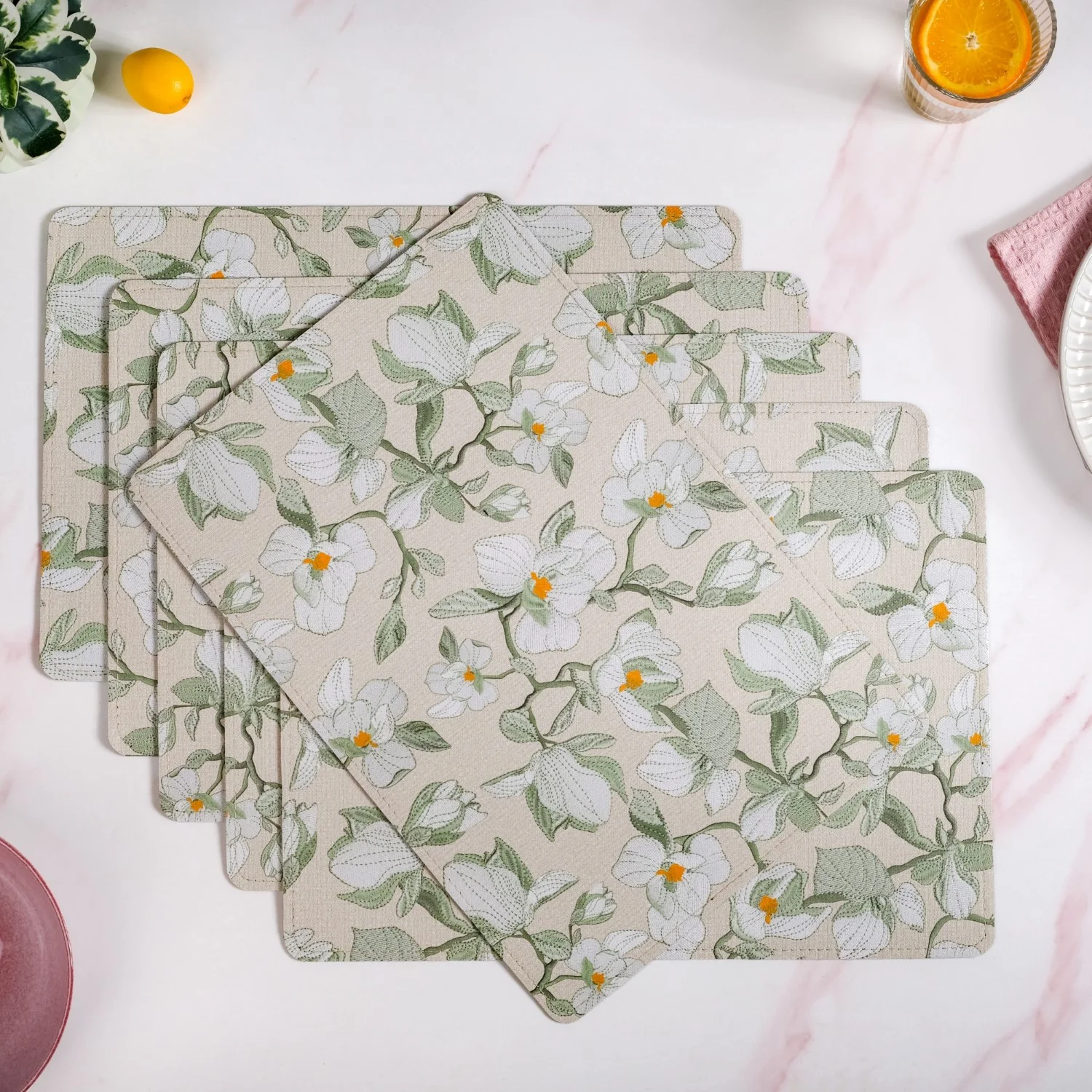 Rectangular Green Poppy Printed Placemats Set Of 6 - Image 8