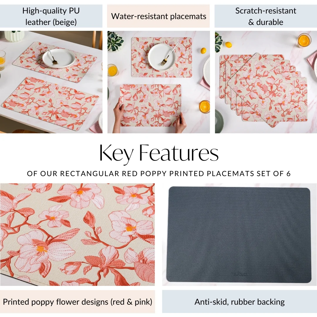 Rectangular Red Poppy Printed Placemats Set Of 6 - Image 5