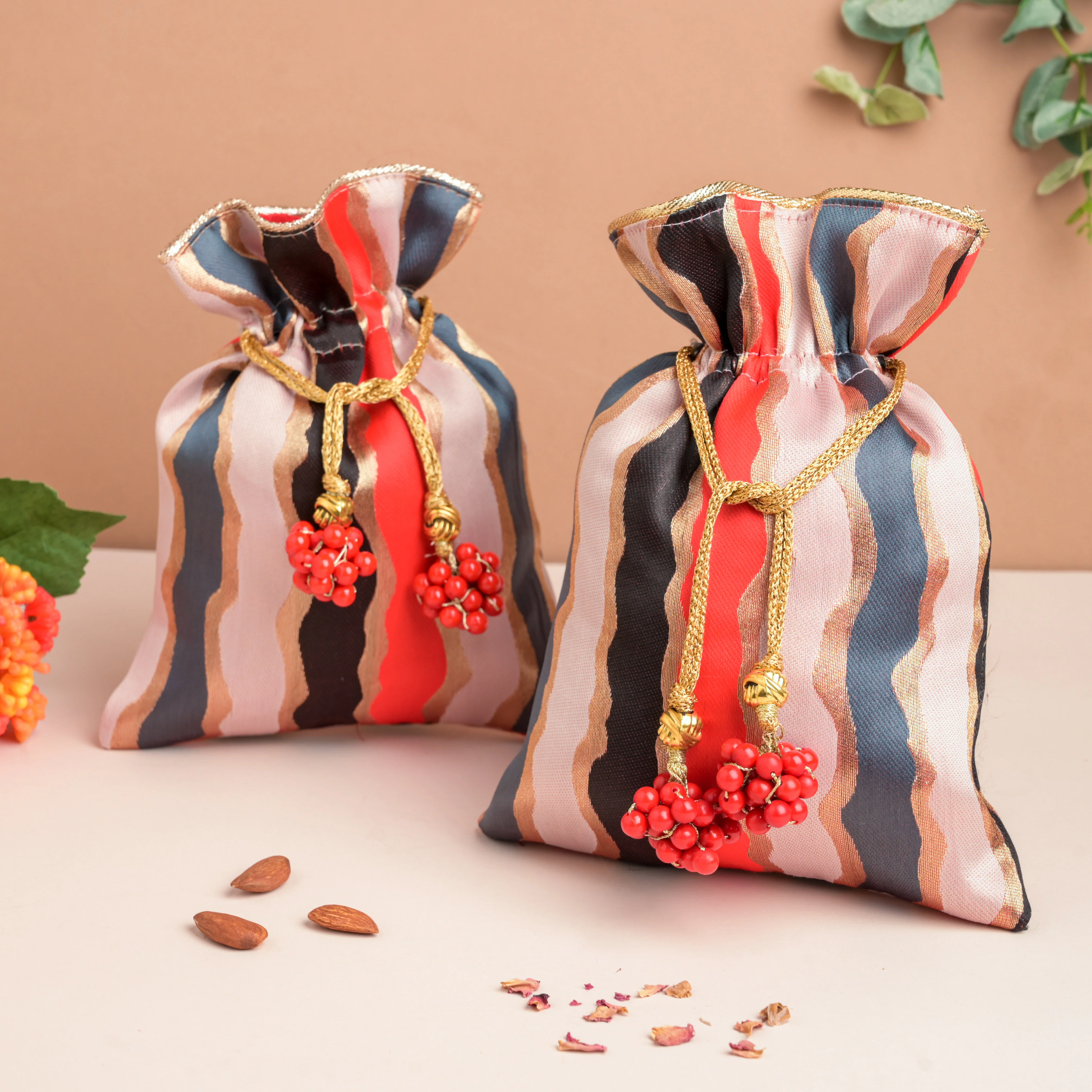 Red And Gold Festive Potli Set Of 2