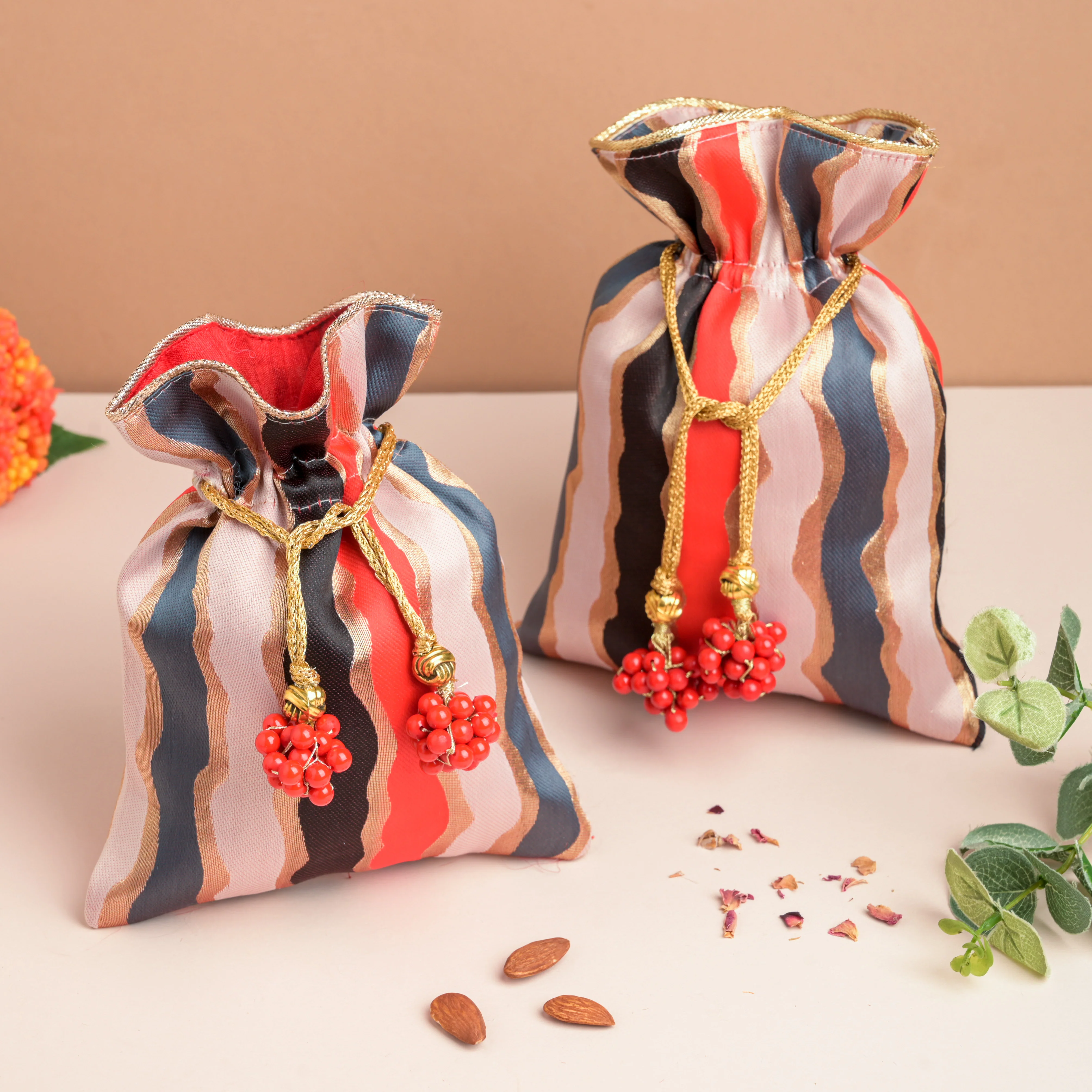 Red And Gold Festive Potli Set Of 2 - Image 3