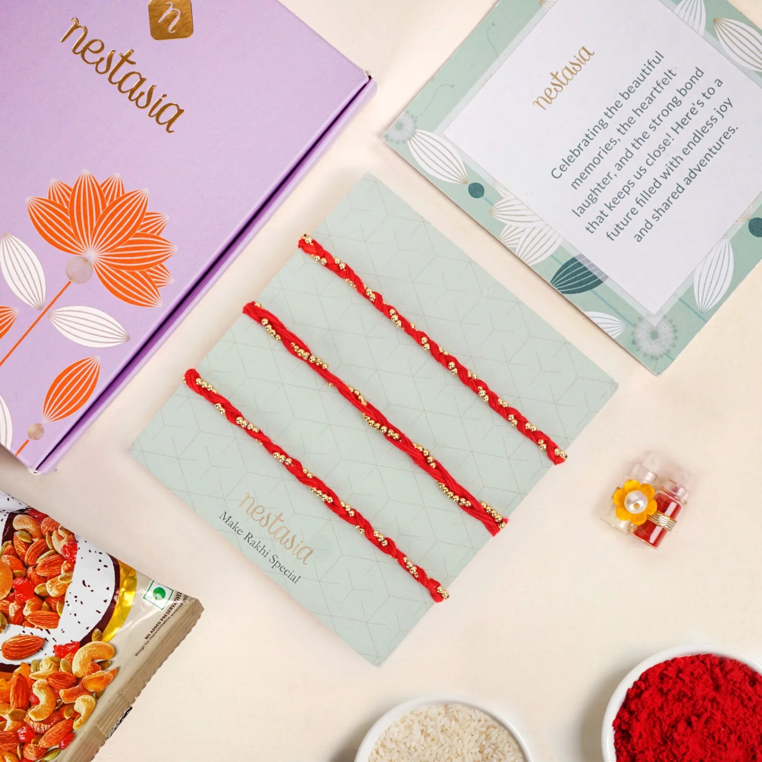 Red and Golden Braided Rakhi Gift Set Of 3 - Image 2