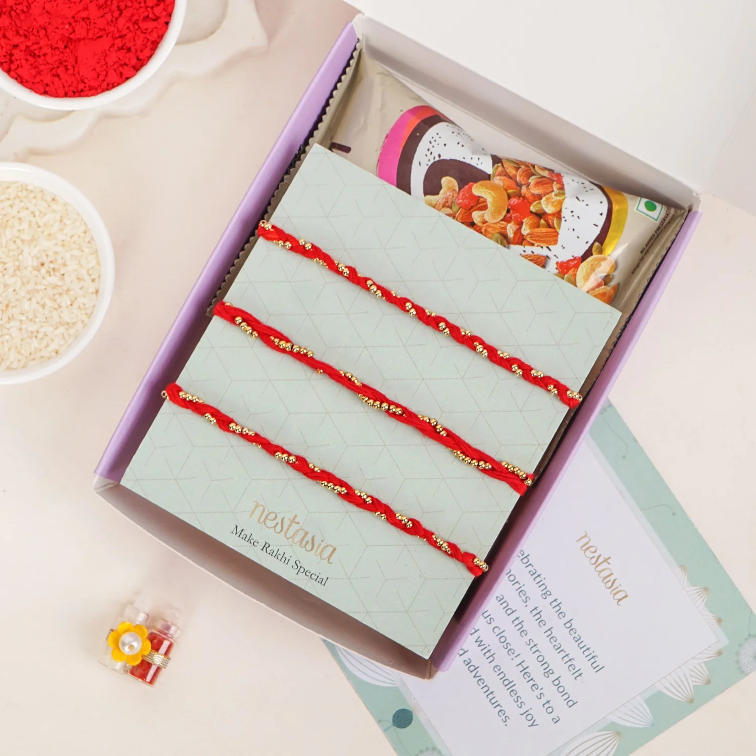 Red and Golden Braided Rakhi Gift Set Of 3 - Image 5