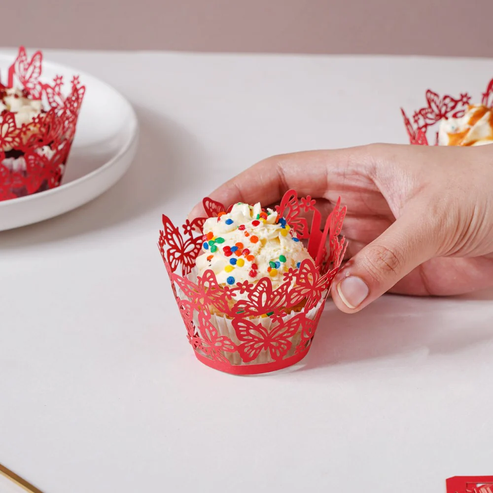 Red Butterfly Lace Cupcake Wrapper Set of 20 - Image 2
