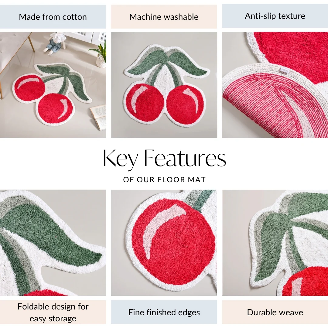 Red Cherry Tufted Cotton Anti Slip Floor Mat 77x73cm - Image 3