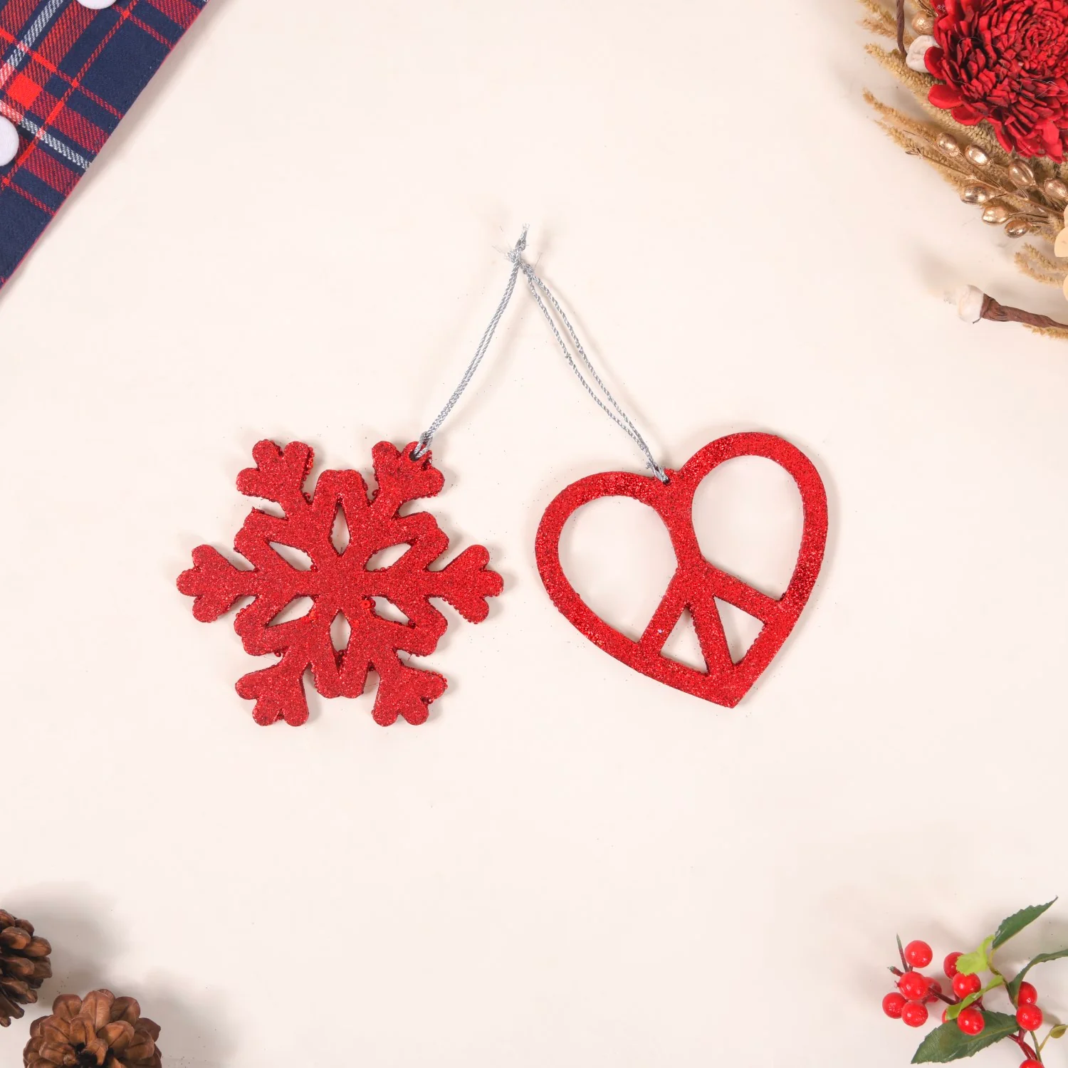 Red Christmas Snowflake Heart Ornaments Set of 2 - Image 4