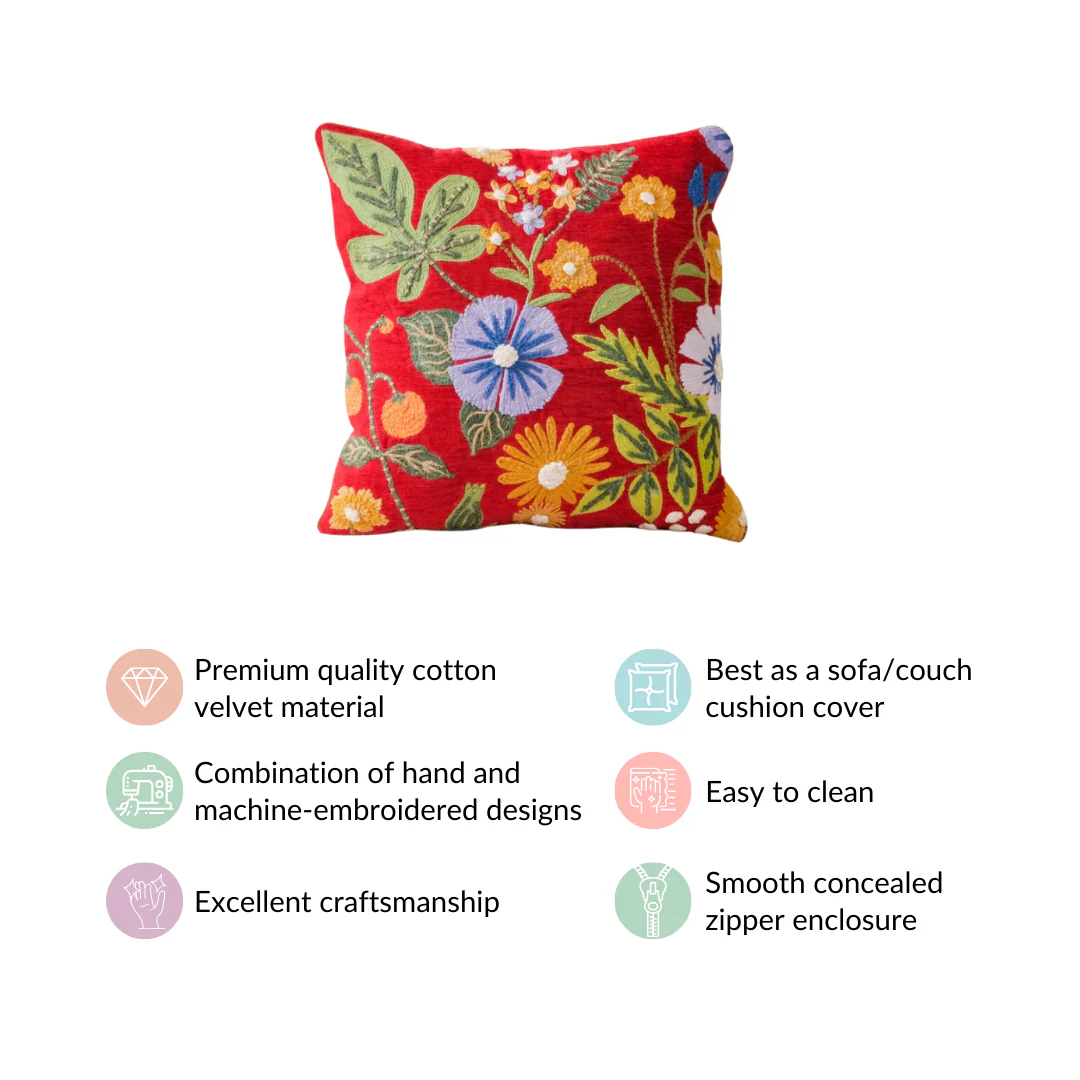 Red Cushion Cover With Floral Embroidery 16x16 Inch - Image 4