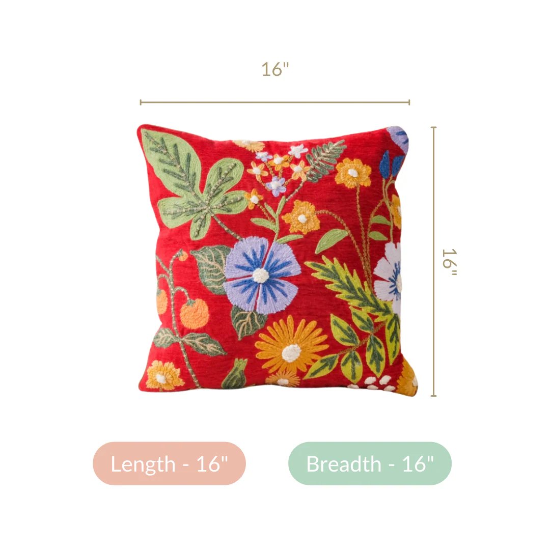 Red Cushion Cover With Floral Embroidery 16x16 Inch - Image 5