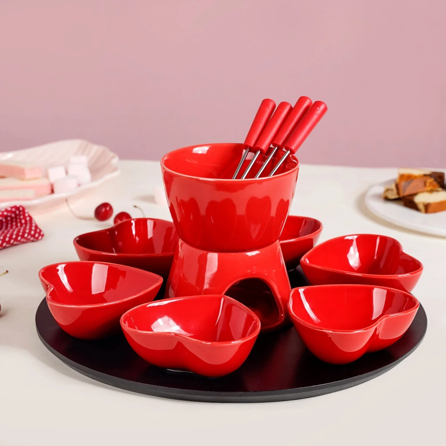 Red Heart Ceramic Fondue Set - Image 3