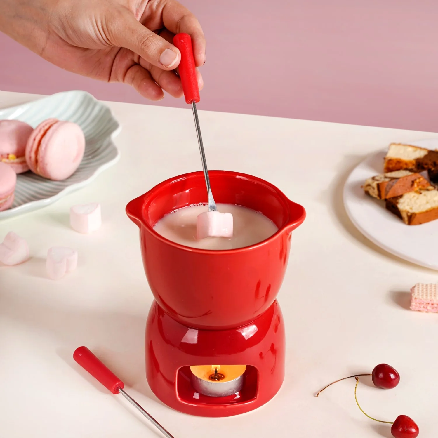 Red Mini Fondue Set With 2 Dipping Forks - Image 3