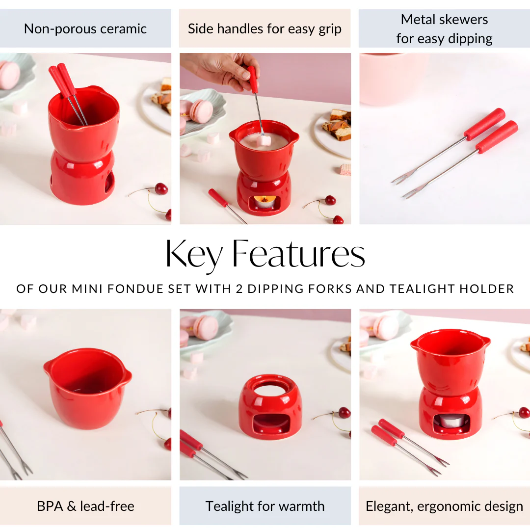 Red Mini Fondue Set With 2 Dipping Forks - Image 5