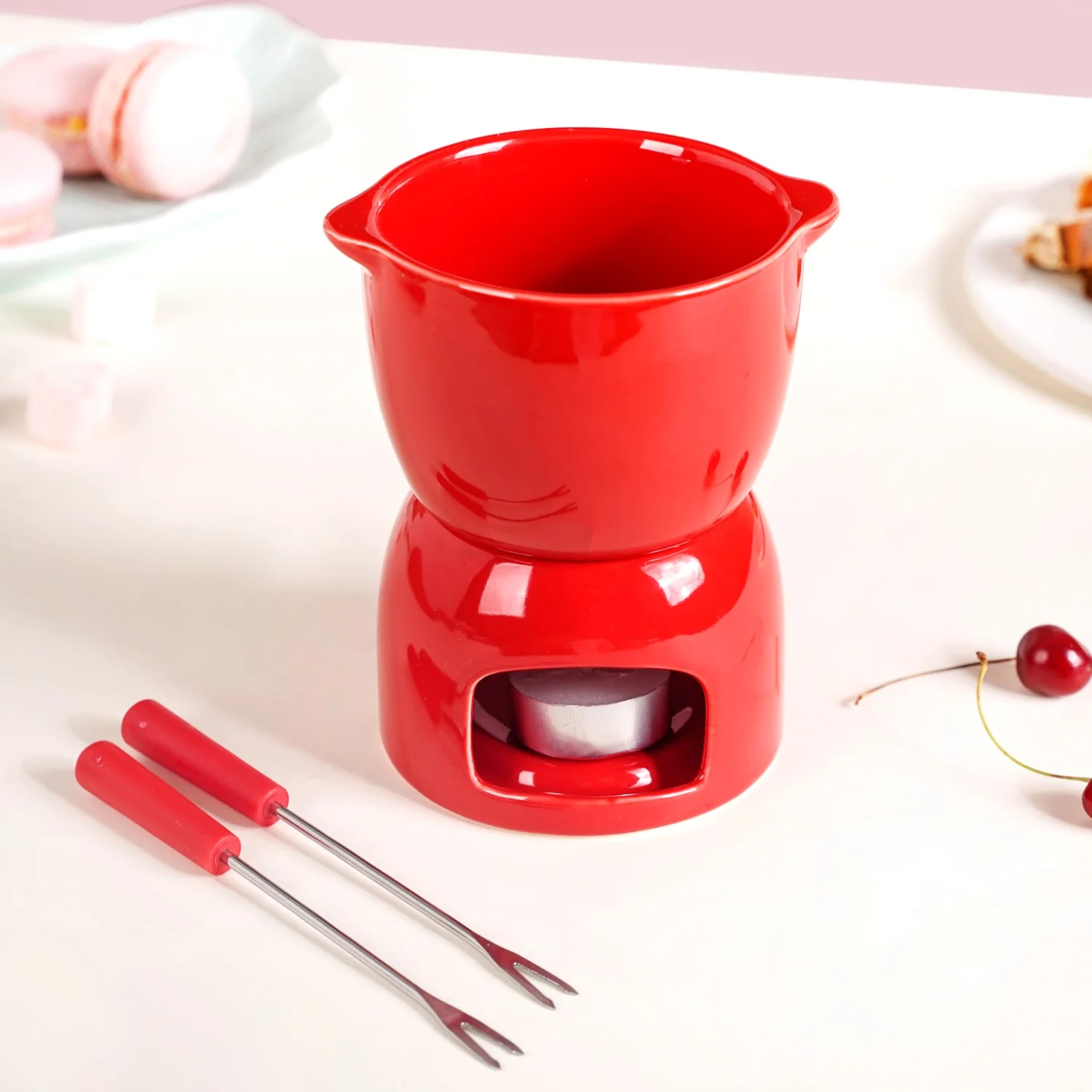 Red Mini Fondue Set With 2 Dipping Forks - Image 9