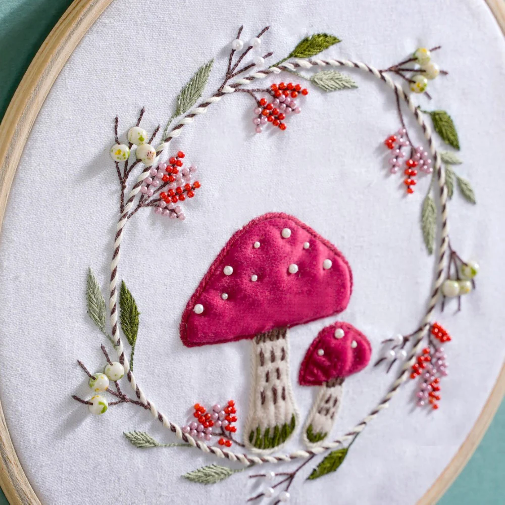 Red Mushrooms Hand Embroidered Hoop Wall Decor 10 Inch - Image 4