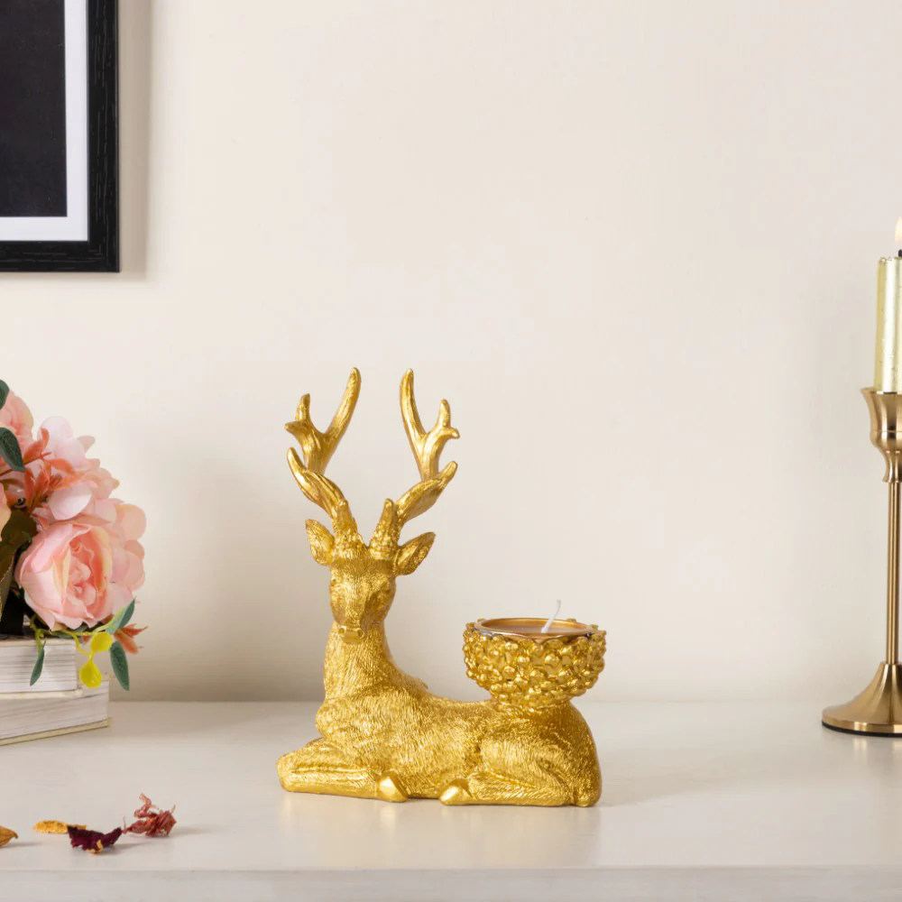 Reindeer Showpiece With Candle Stand Gold 7 Inch Set Of 2 - Image 4