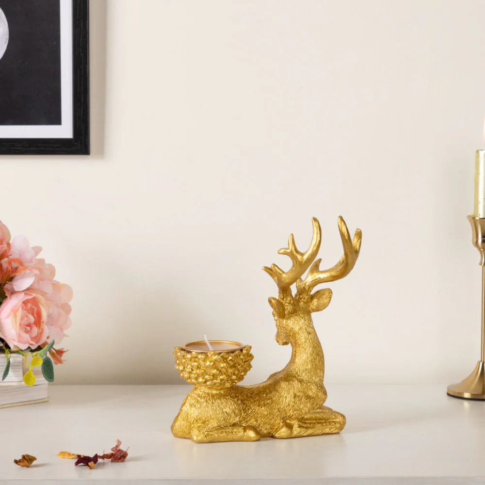 Reindeer Showpiece With Candle Stand Gold 7 Inch Set Of 2 - Image 5