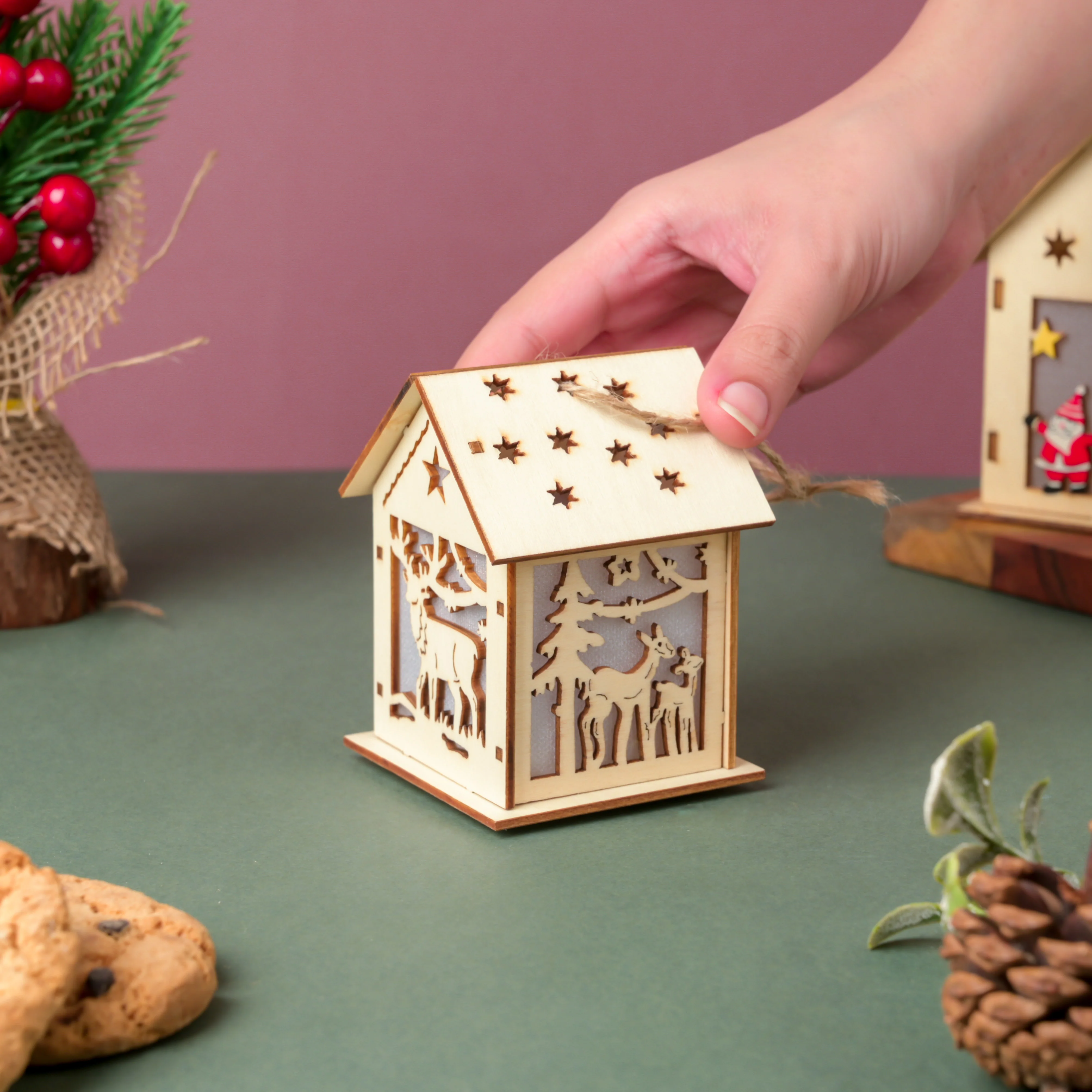 Reindeer Wooden House DIY LED Christmas Decor Hanging - Image 3
