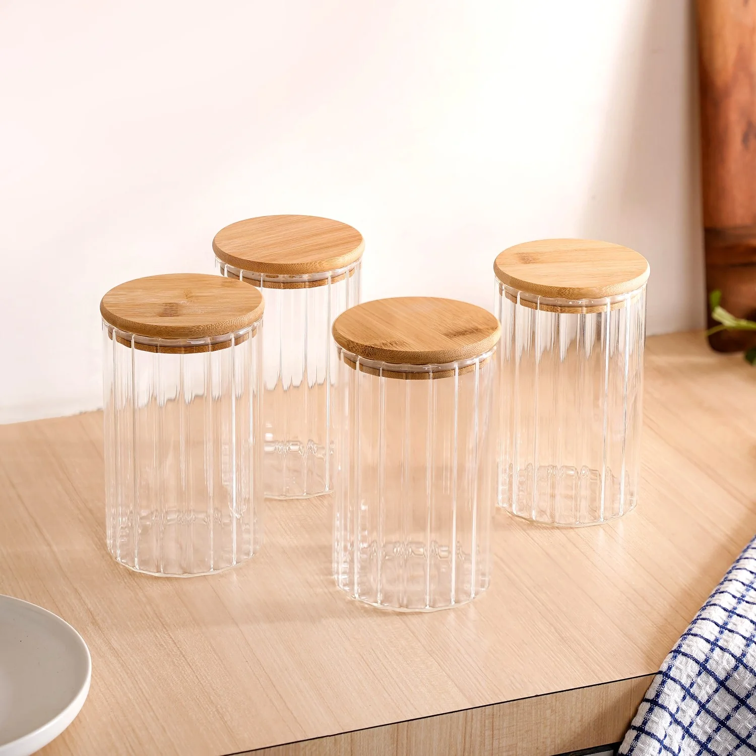 Ribbed Airtight Kitchen Storage Glass Jar Set Of 4 1000ml - Image 3