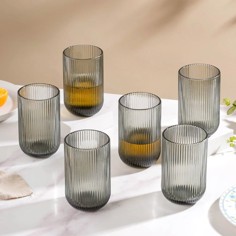Ribbed Drinking Glass Ash Grey Set Of 6 350ml - Image 2