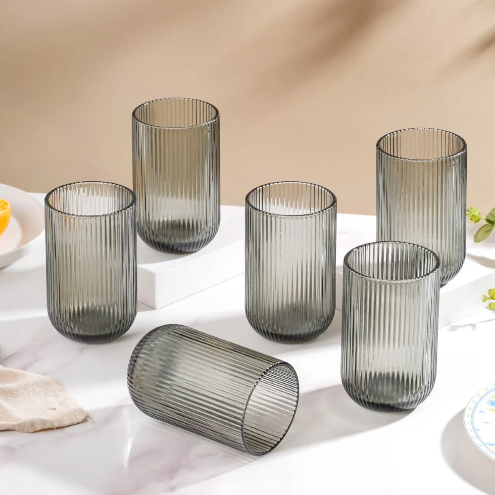Ribbed Drinking Glass Ash Grey Set Of 6 350ml - Image 4