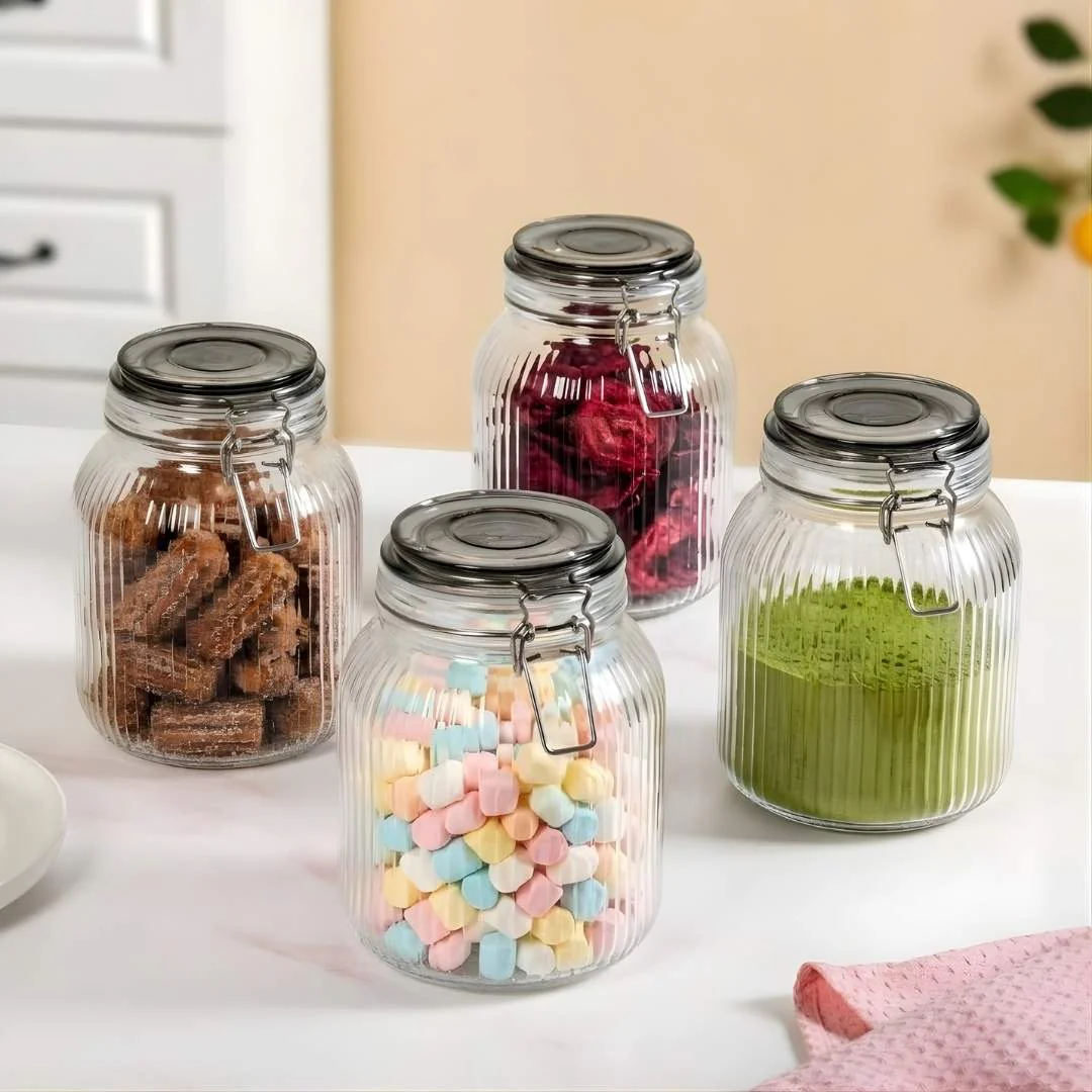 Ribbed Glass Jar With Cliplock Lid Set Of 4 1450ml - Image 5