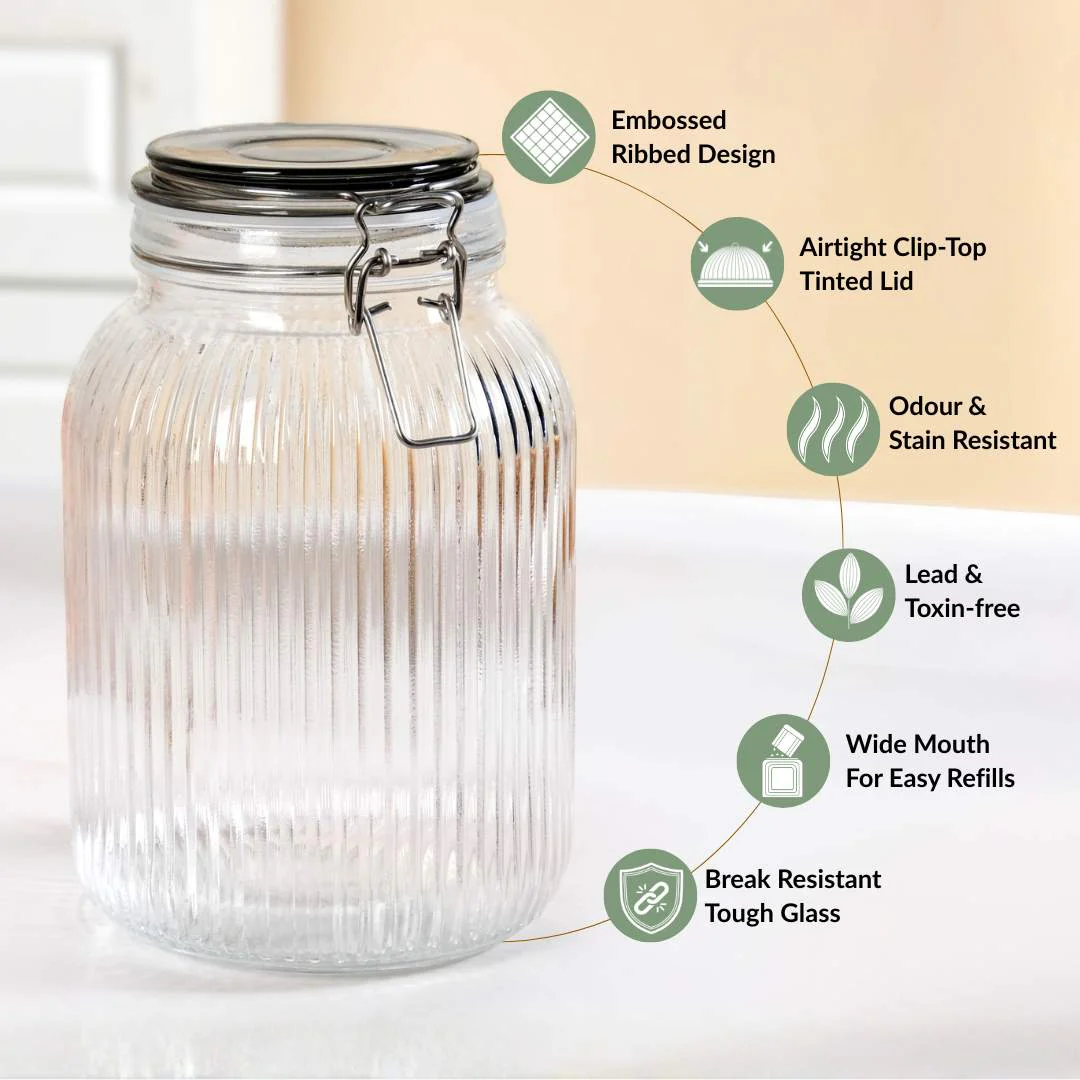 Ribbed Glass Jar With Cliplock Lid Set Of 4 2000ml - Image 2